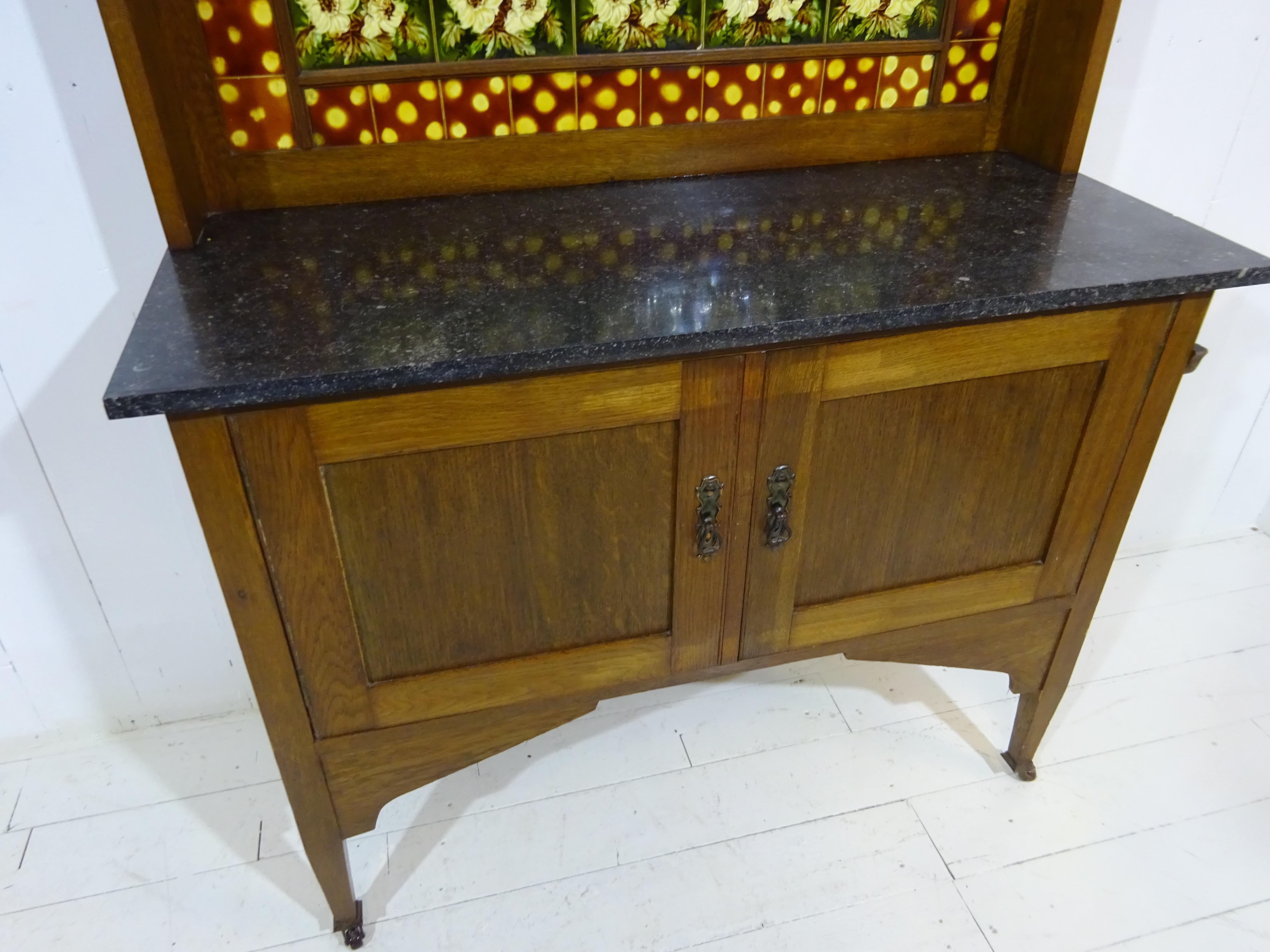 Late 19th Century Victorian Marble Top Wash Stand in Oak with Floral Glazed Tiles