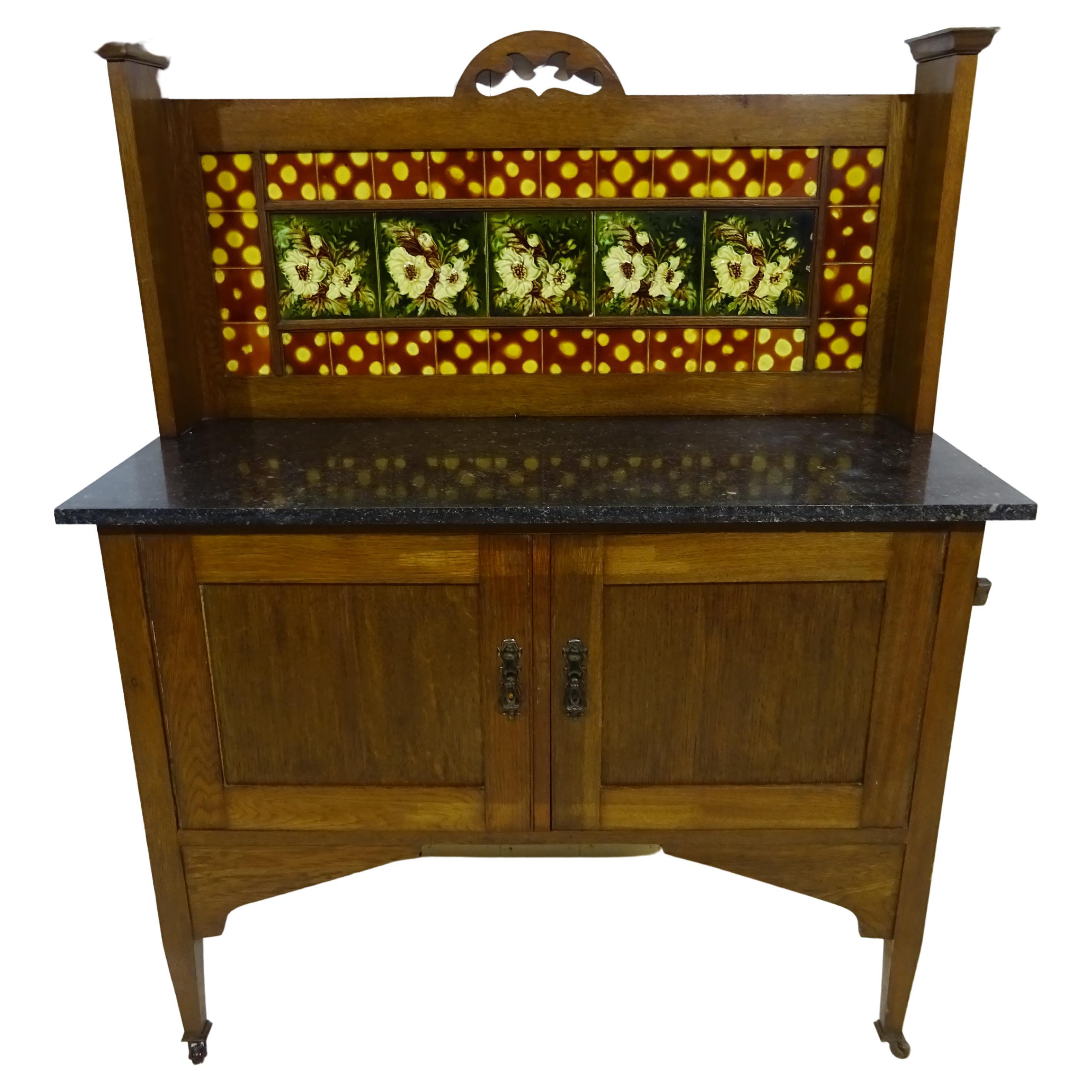 Victorian Marble Top Wash Stand in Oak with Floral Glazed Tiles