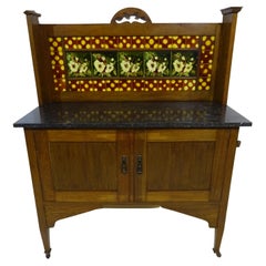 Antique Victorian Marble Top Wash Stand in Oak with Floral Glazed Tiles