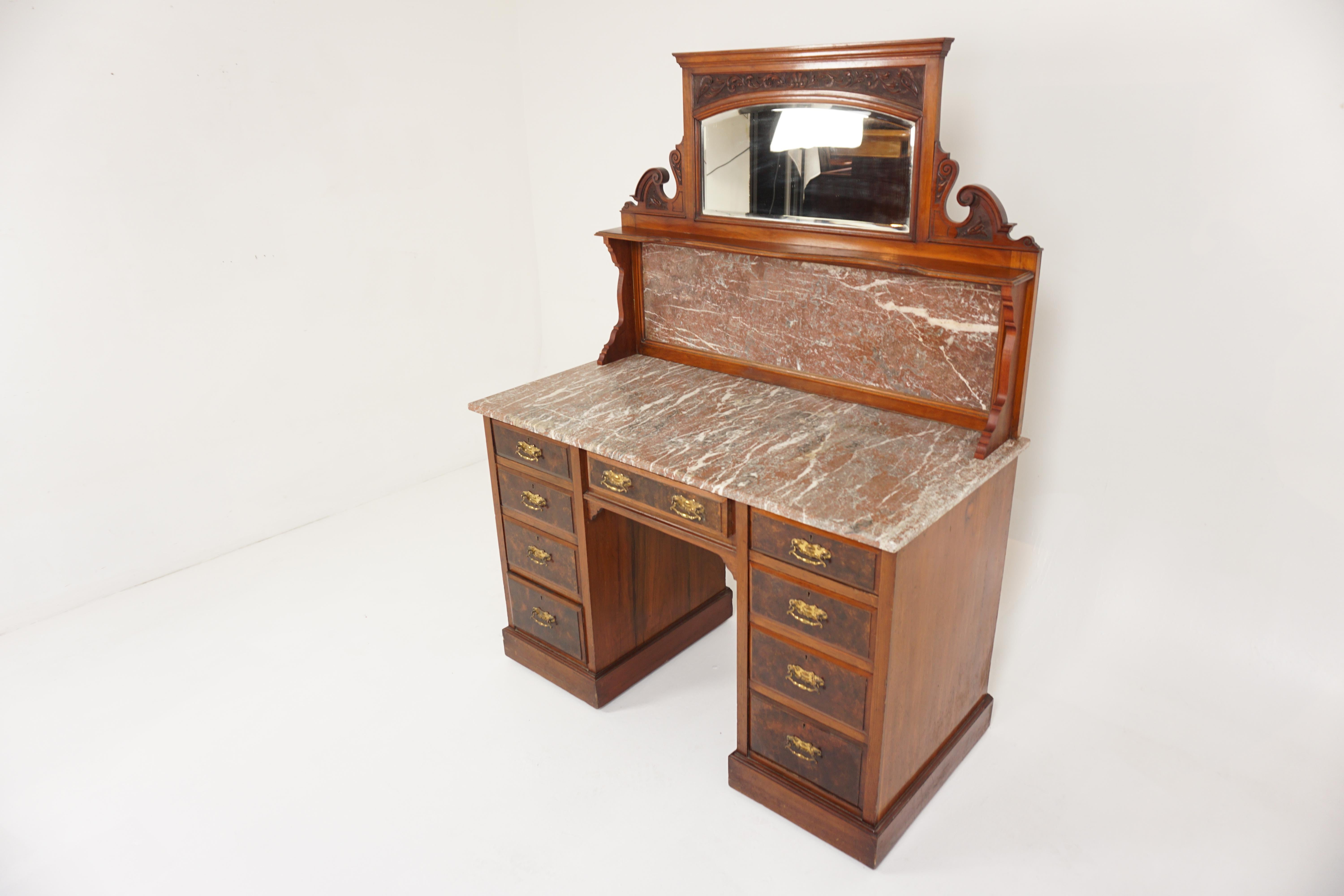 Victorian Marble Top Washstand, Dressing Chest Vanity, Scotland 1880, H215

Scotland 1880
Solid Walnut
Original Finish
Mirrored back with original rose marble
With carved detail above and marble below
Pair of four drawer pedestals with original