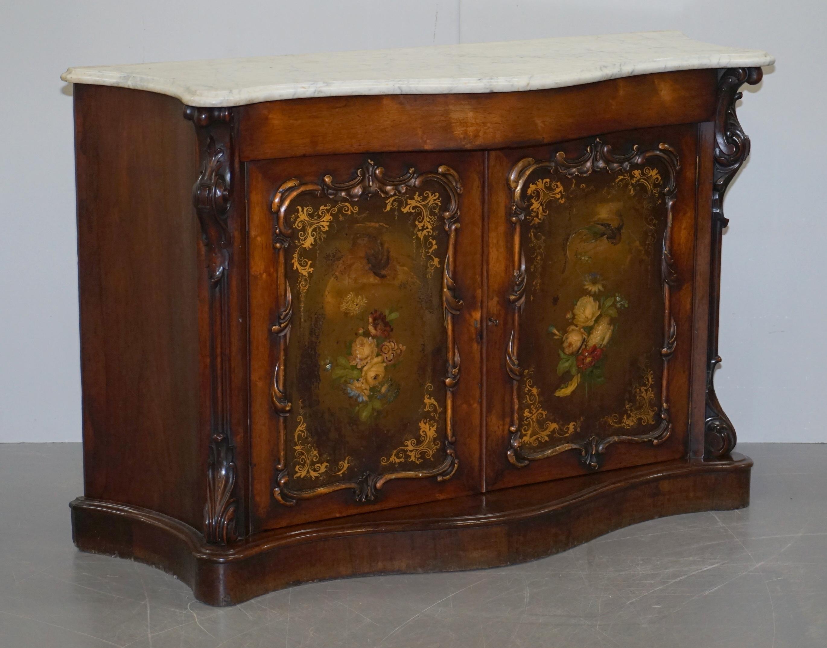 High Victorian Victorian Marble Topped Serpentine Fronted Verni Martin Painted Carved Sideboard For Sale
