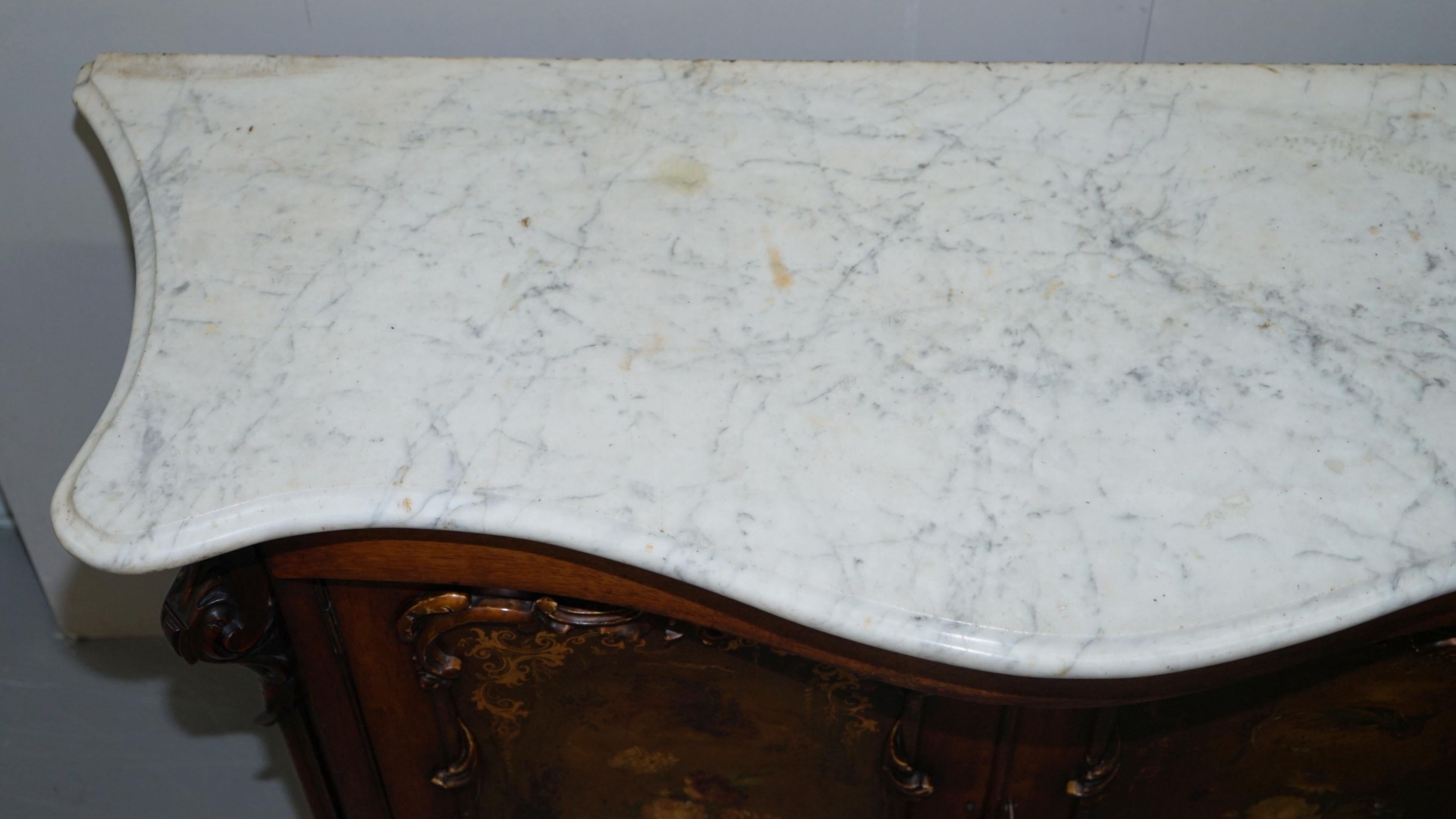 Hand-Crafted Victorian Marble Topped Serpentine Fronted Verni Martin Painted Carved Sideboard For Sale