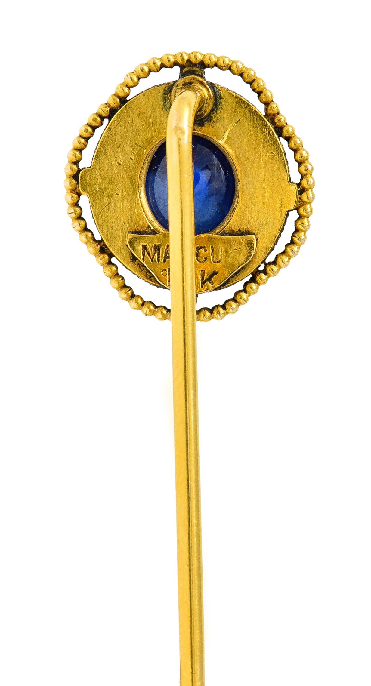Women's or Men's Victorian Marcus & Co. Sapphire Cabochon 14 Karat Yellow Gold Antique Stickpin For Sale