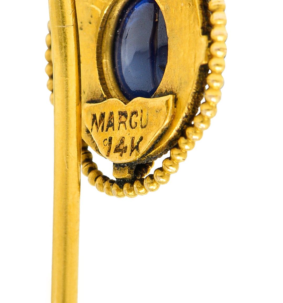 Victorian Marcus & Co. Sapphire Cabochon 14 Karat Yellow Gold Antique Stickpin For Sale 2