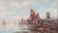 Antique British Marine Oil Painting Fishing Boats in old Harbour Gilt Framed