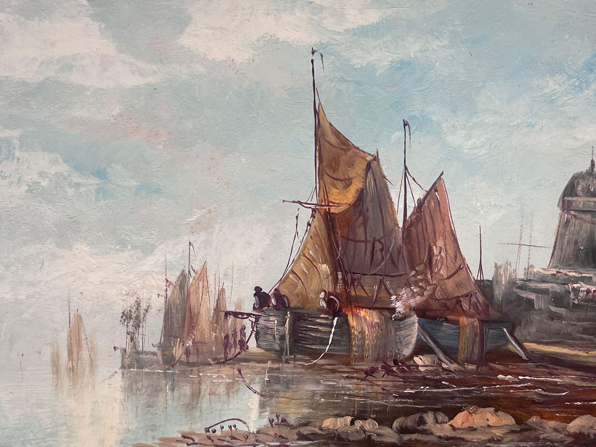 Antique British Marine Oil Painting Fishing Boats in old Harbour Gilt Framed For Sale 1