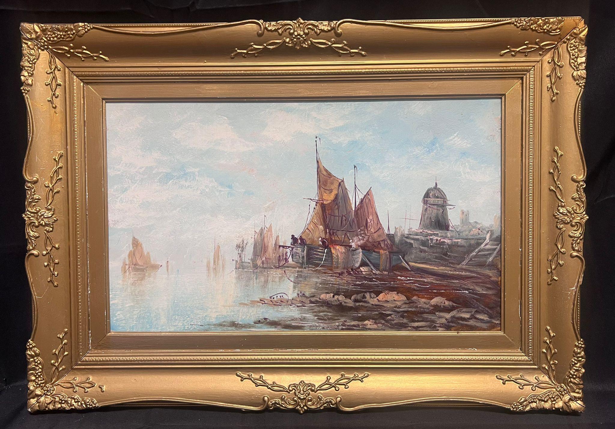Unknown Figurative Painting - Antique British Marine Oil Painting Fishing Boats in old Harbour Gilt Framed