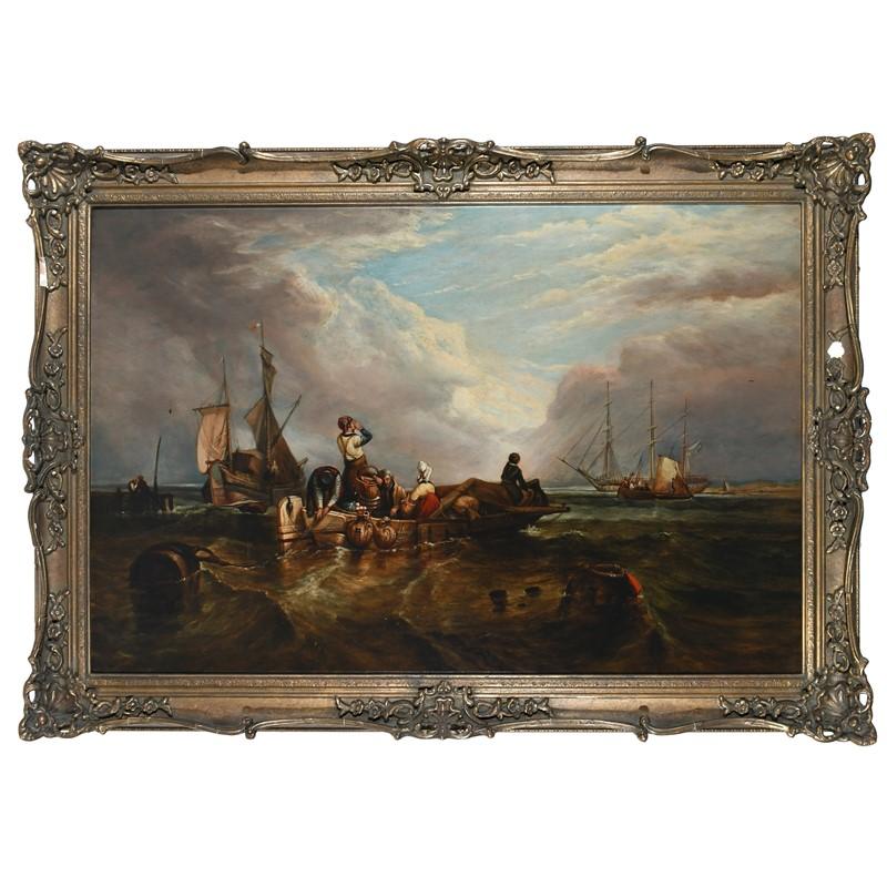 Artist/ School: British School, 19th century

Title: Busy Coastal Scene with fisherfolk

Medium: oil painting on canvas over board, framed

actual painting size: 23 x 35.25 inches
framed: 29 x 41 inches

Provenance: private collection,