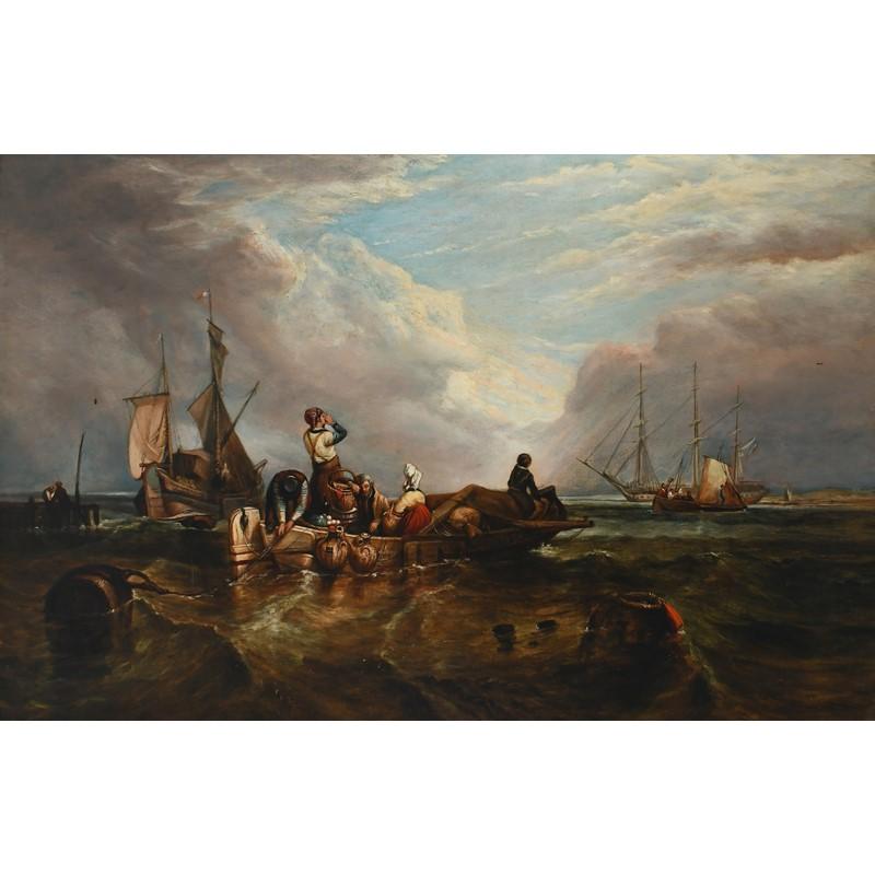 Landscape Painting Victorian Marine - Grande peinture à l'huile victorienne de la marine - Peinture à l'huile - Busy Coastal Seascape - Boats
