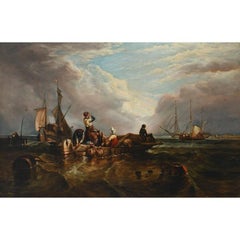 Used Huge Victorian Marine Oil Painting Fisherfolk Busy Coastal Seascape Scene Boats