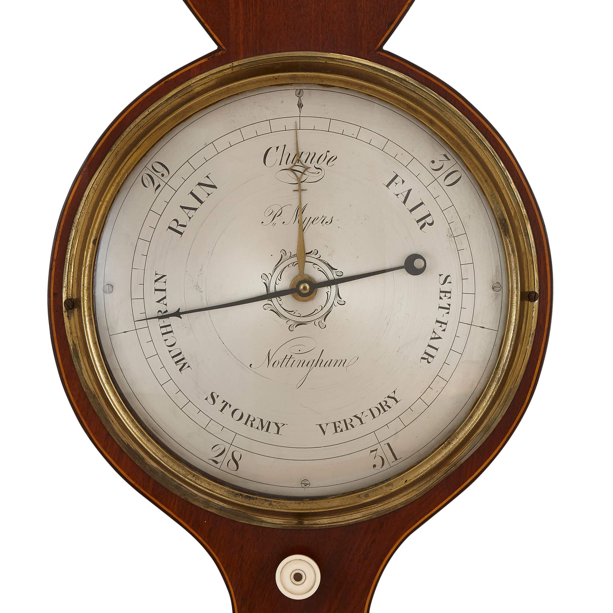 Victorian marquetry wall barometer and thermometer.
English, 19th century
Measures: height 98cm, width 25cm, depth 7cm.

This elegant piece is a fine example of Victorian period craftsmanship, and a demonstration of the taste for scientific