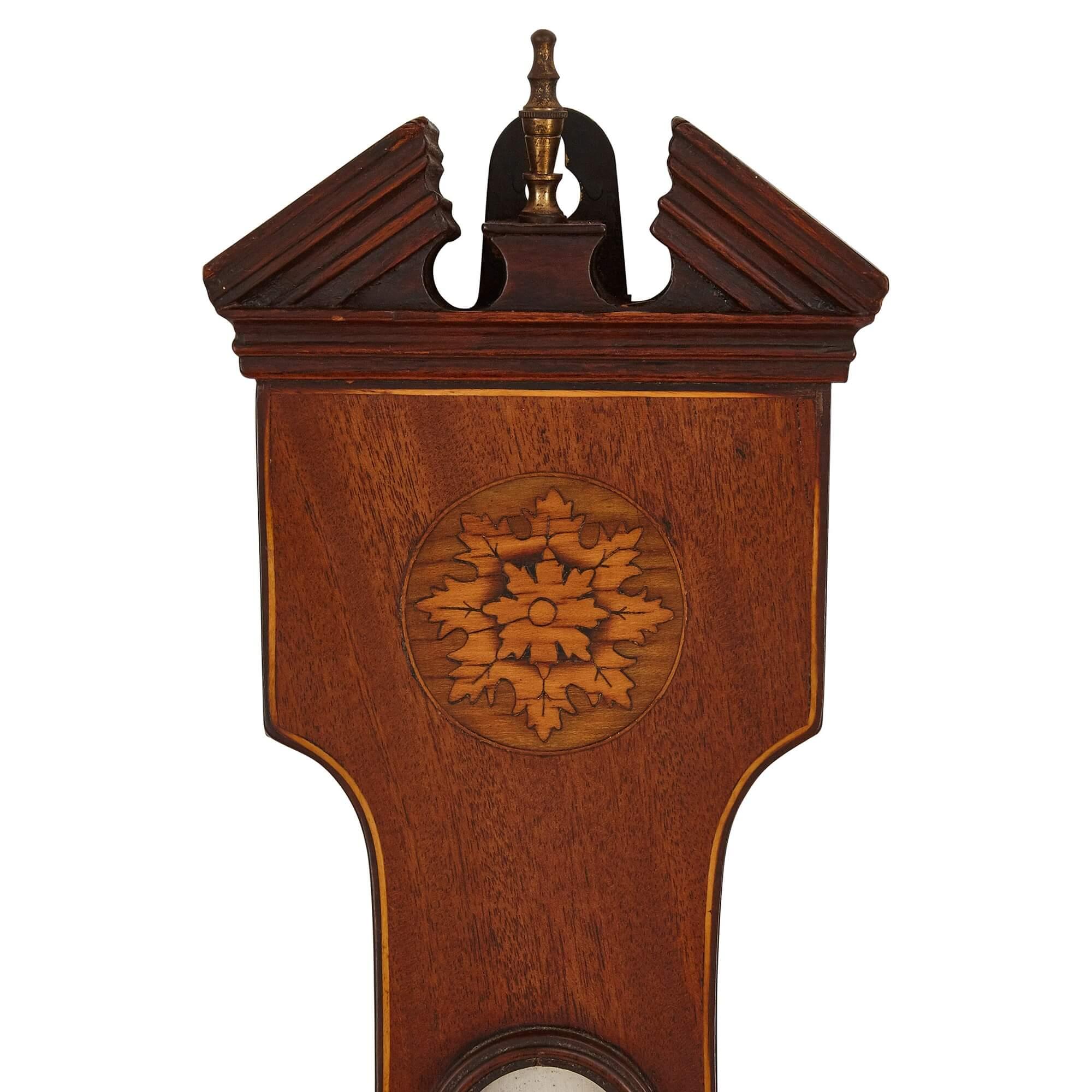 English Victorian Marquetry Wall Barometer and Thermometer For Sale