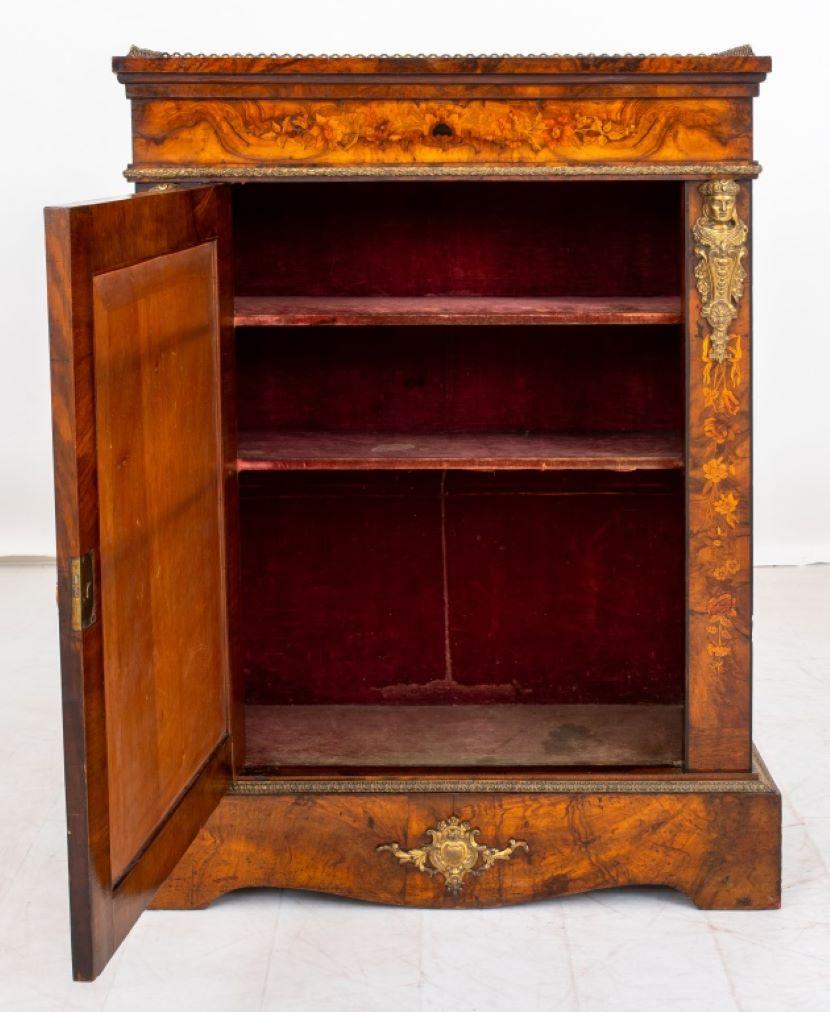 Victorian Walnut Marquetry Inlaid Mirrored Cabinet, circa 19th century, with red velvet-lined interior, and figural caryatid brass decorative attachments. 44