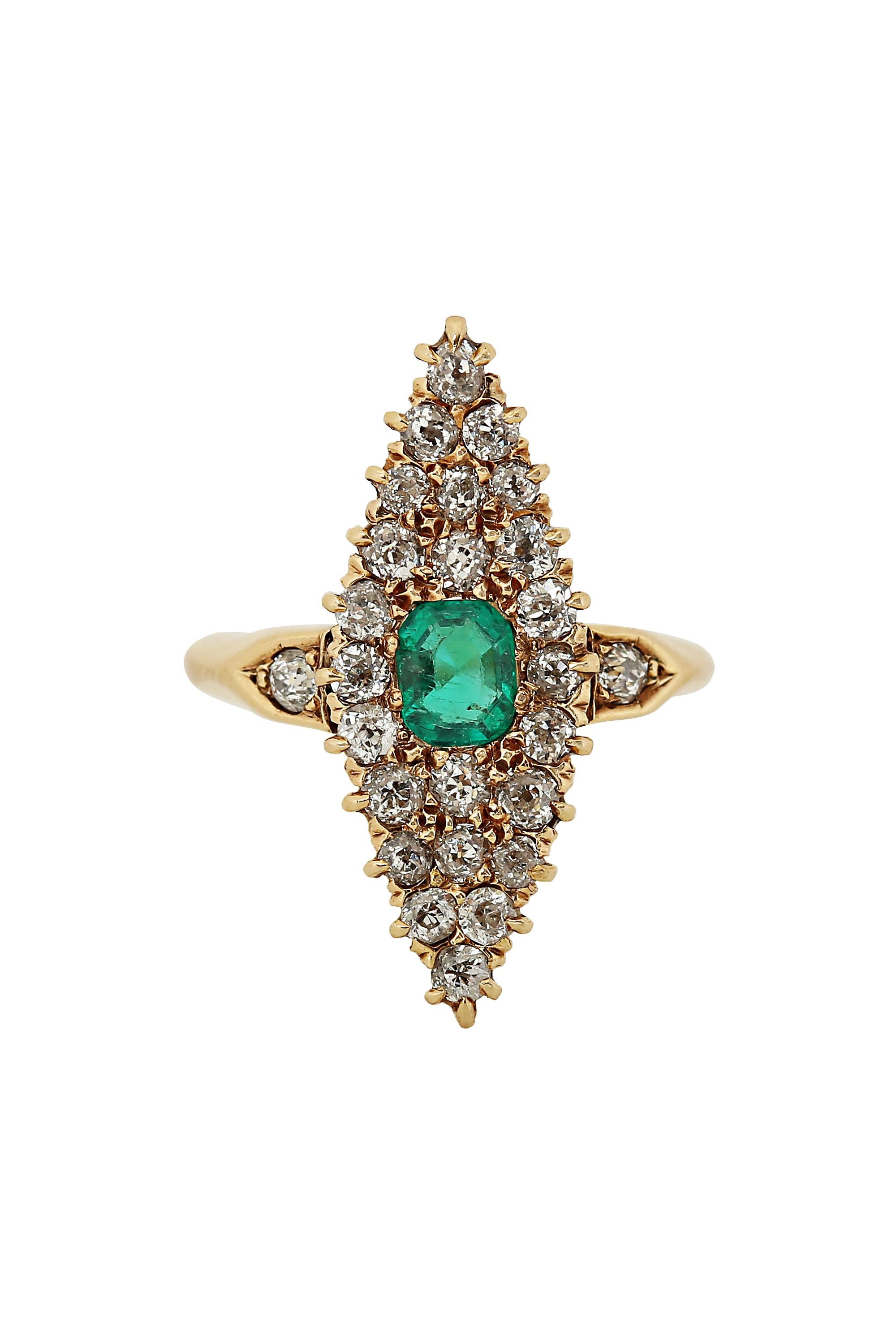 Victorian Marquise Navette Old Cut Diamond & Emerald In Good Condition For Sale In beverly hills, CA