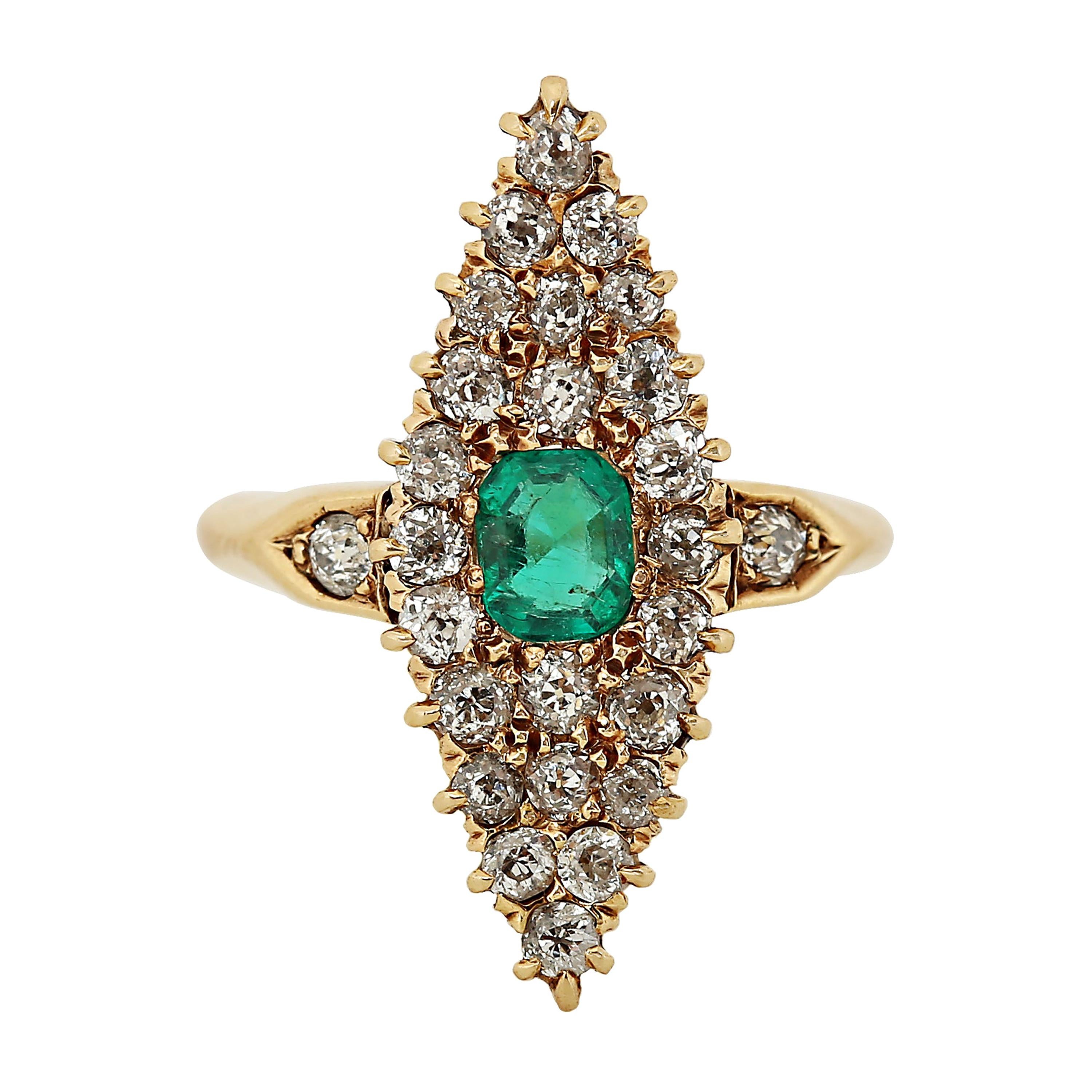 Victorian Marquise Navette Old Cut Diamond & Emerald For Sale