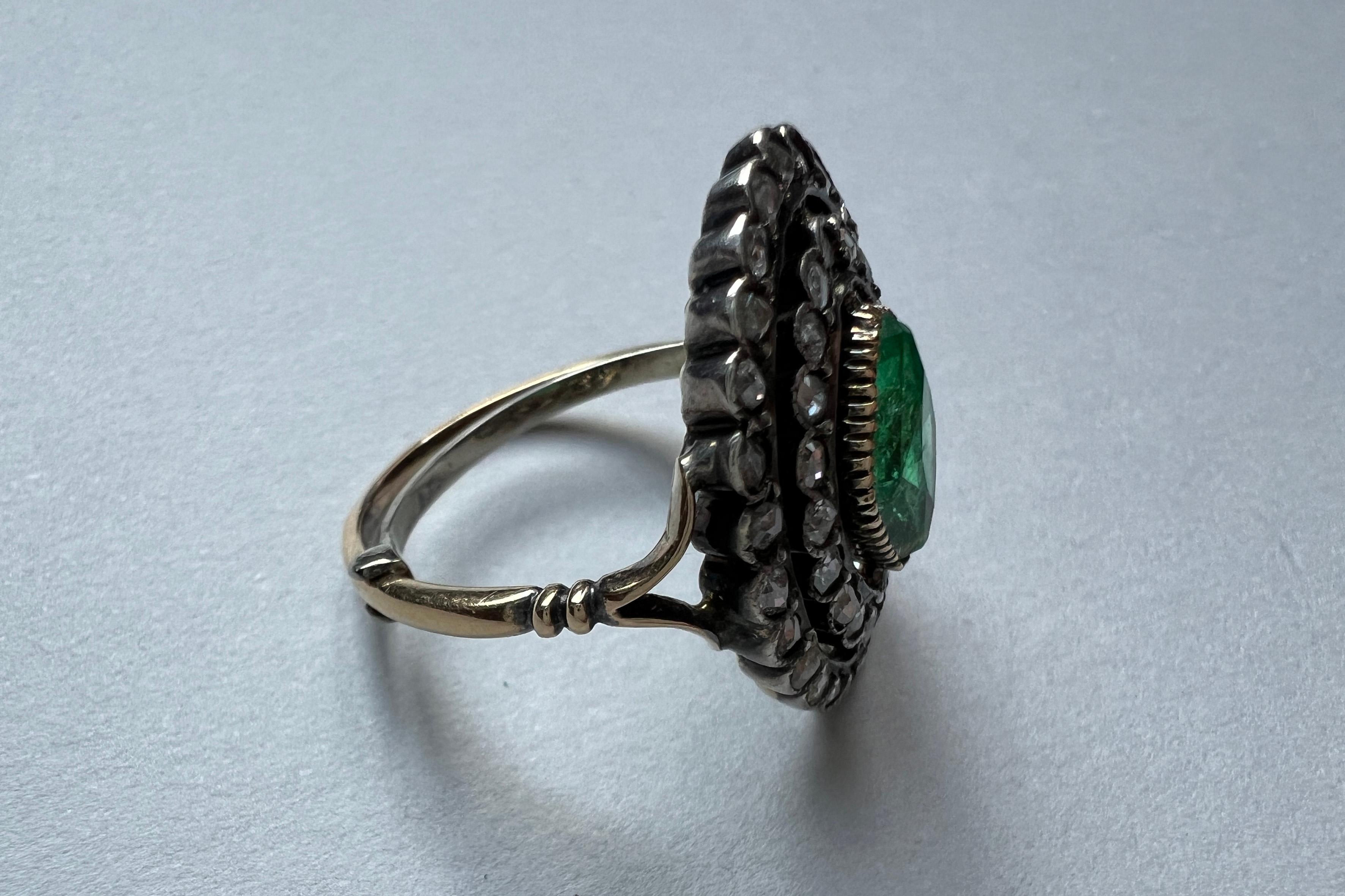 Marquise Cut Victorian Marquise ring in 18kt yellow gold and silver with diamonds and emeralds For Sale