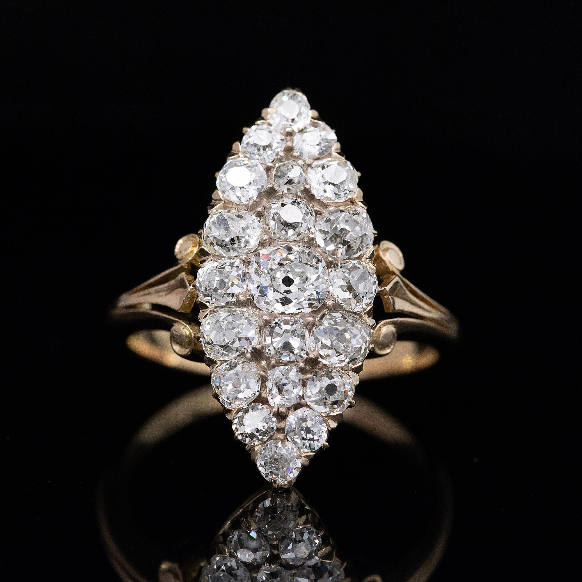 Old Mine Cut Victorian Marquise Shaped Cluster Ring Circa 1890 For Sale