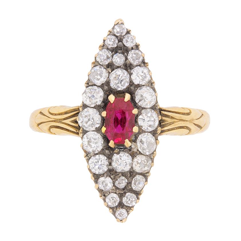 Victorian Marquise-Shaped Ruby and Diamond Cluster Ring, circa 1890s