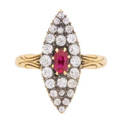 Victorian Marquise-Shaped Ruby and Diamond Cluster Ring, circa 1890s