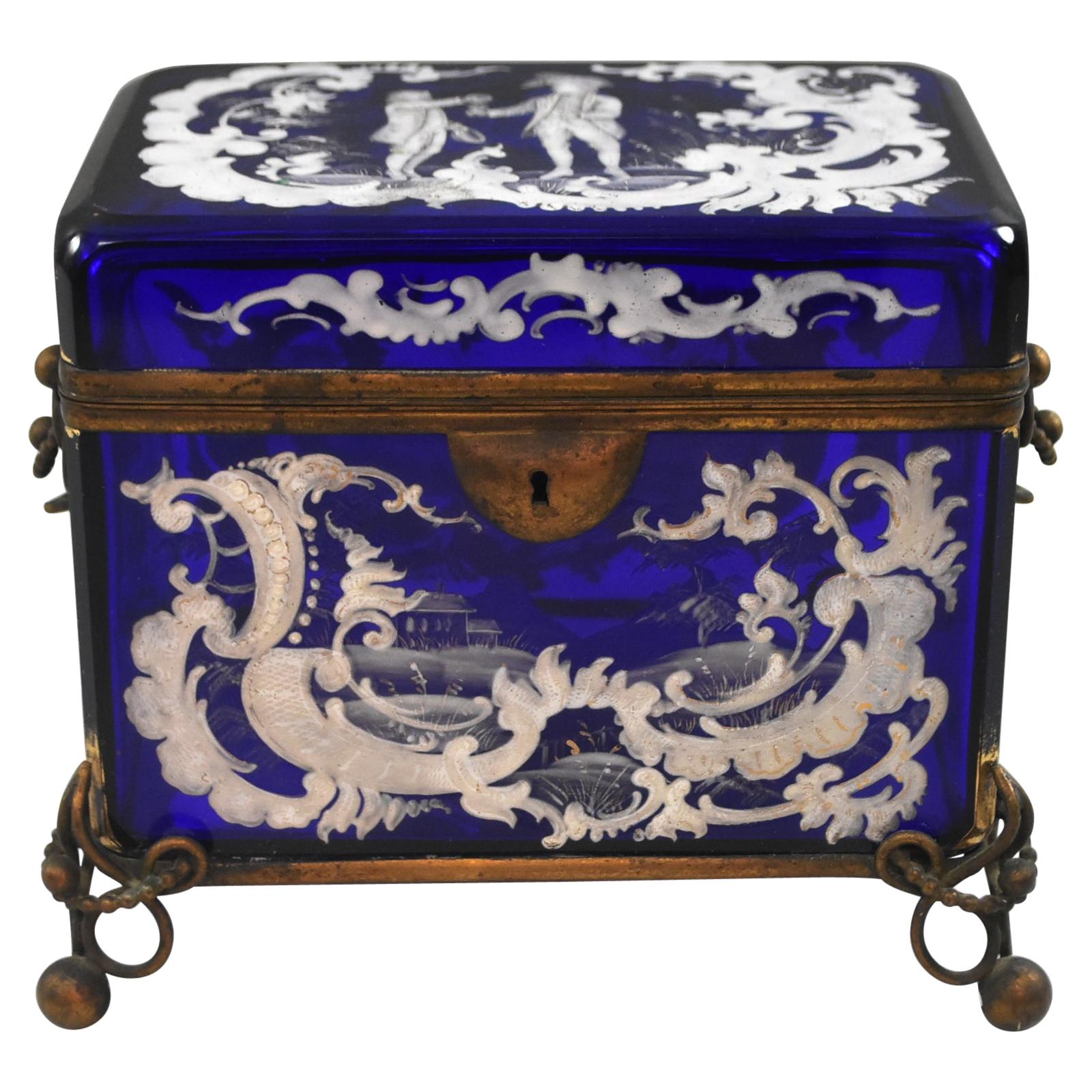 Victorian Mary Gregory Cobalt Blue Jewelry Casket