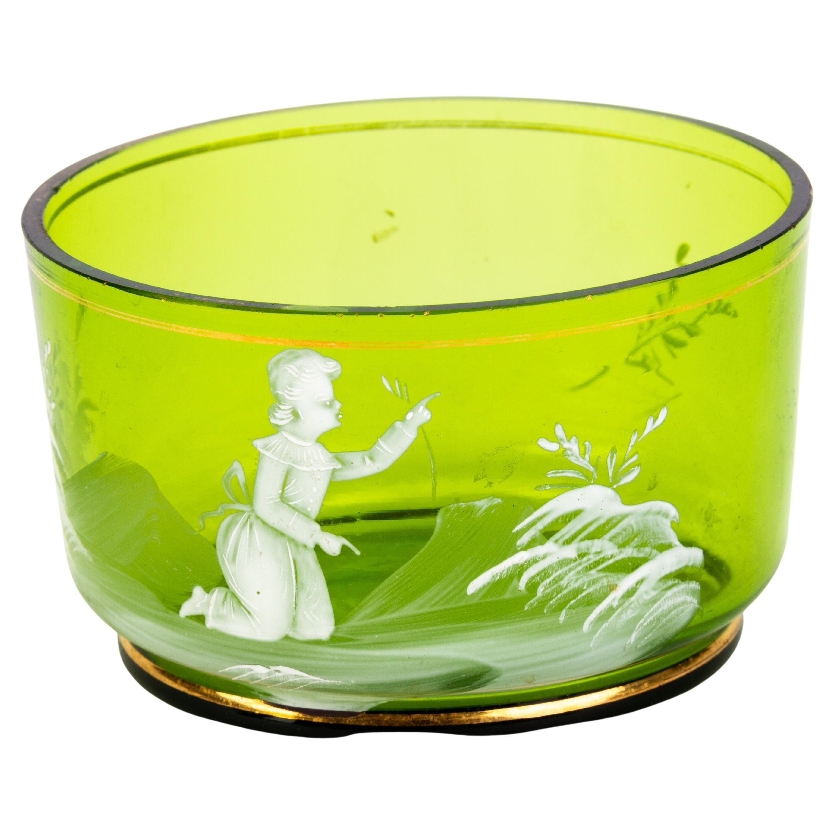 Victorian Mary Gregory Green Enameled Glass Bomboniere Sweets Bowl 19th Century