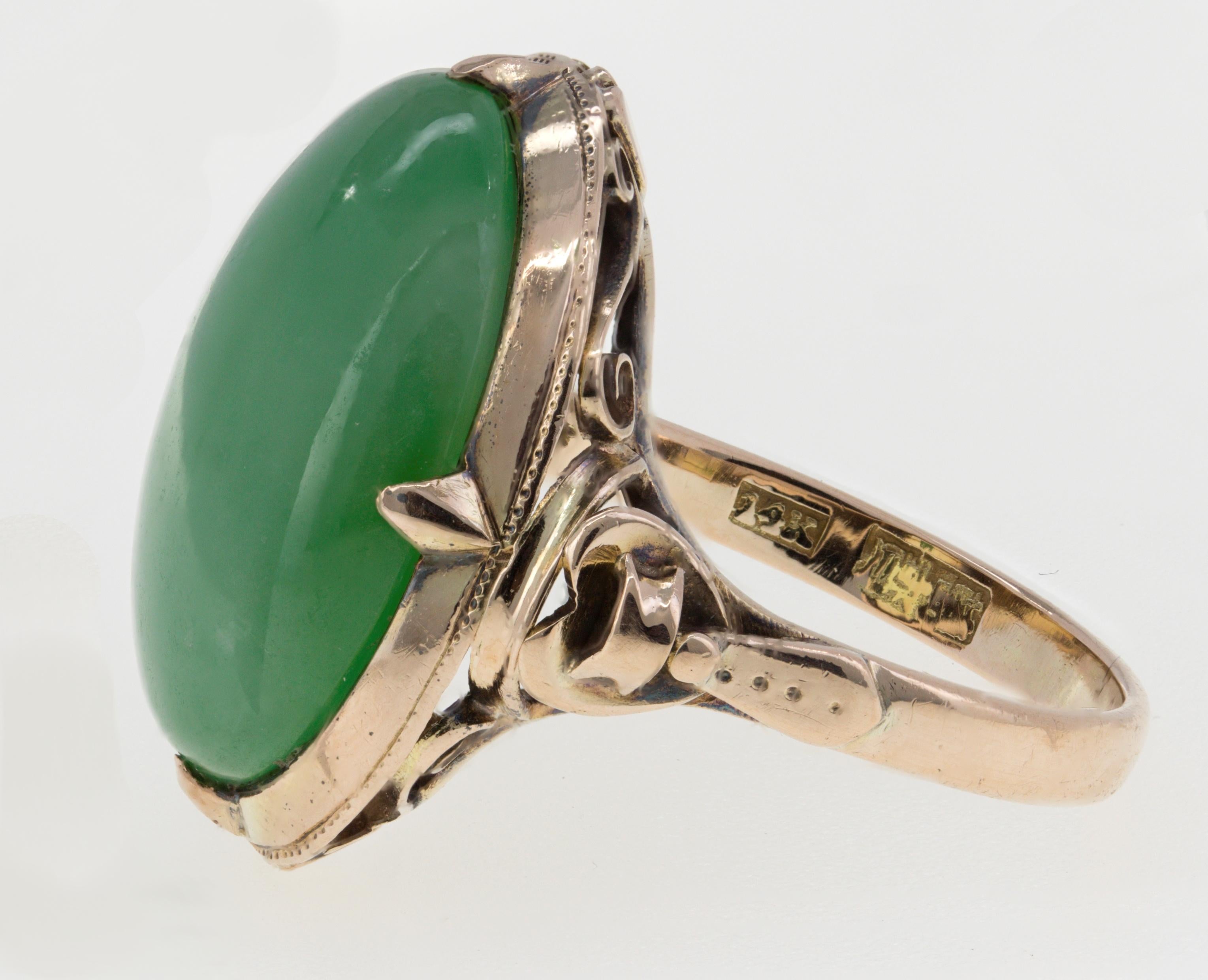 Artisan Victorian Mason Kay Certified Natural Green Jadeite Jade, 14K Rose Gold Ring For Sale