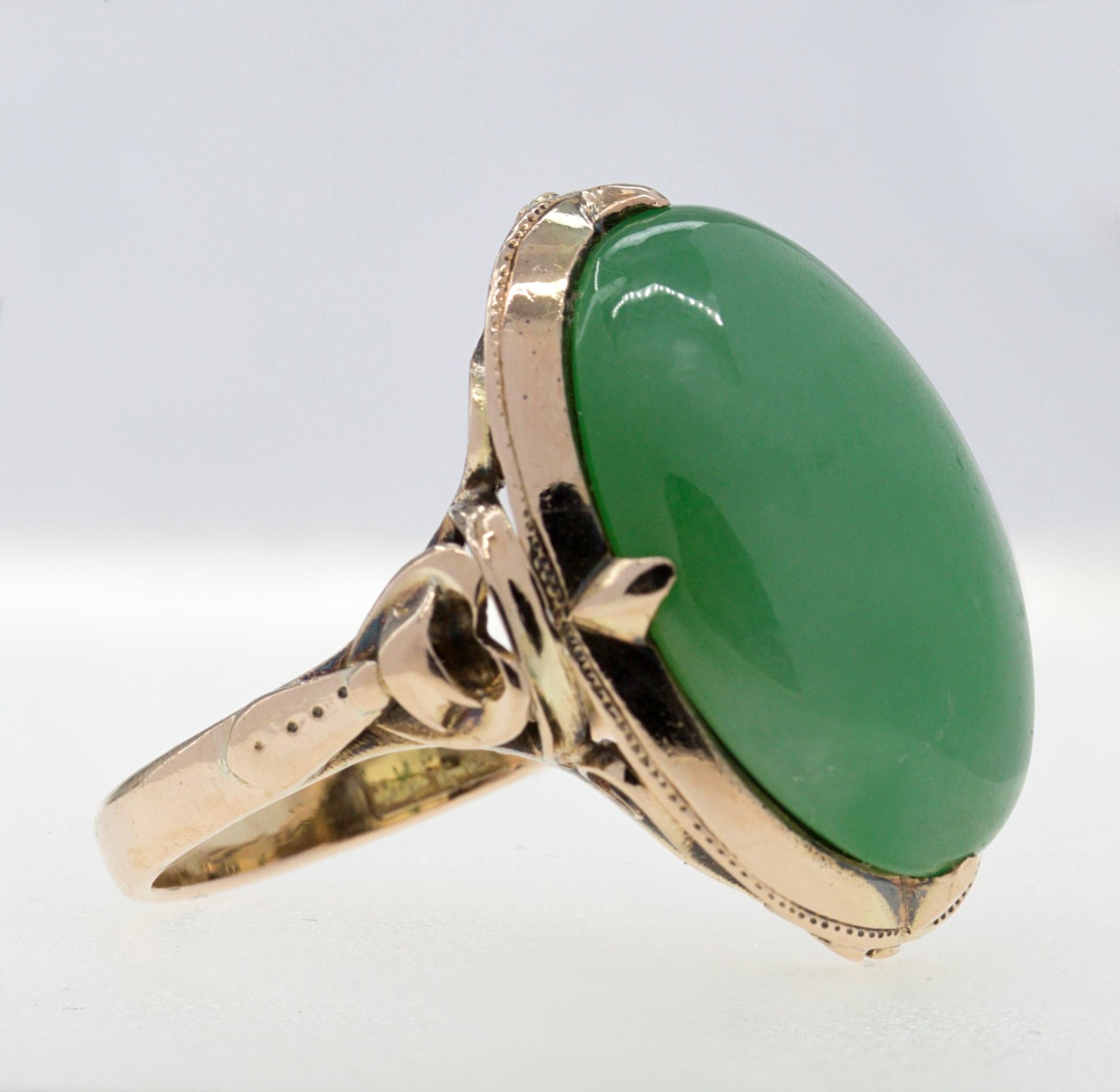 Cabochon Victorian Mason Kay Certified Natural Green Jadeite Jade, 14K Rose Gold Ring For Sale