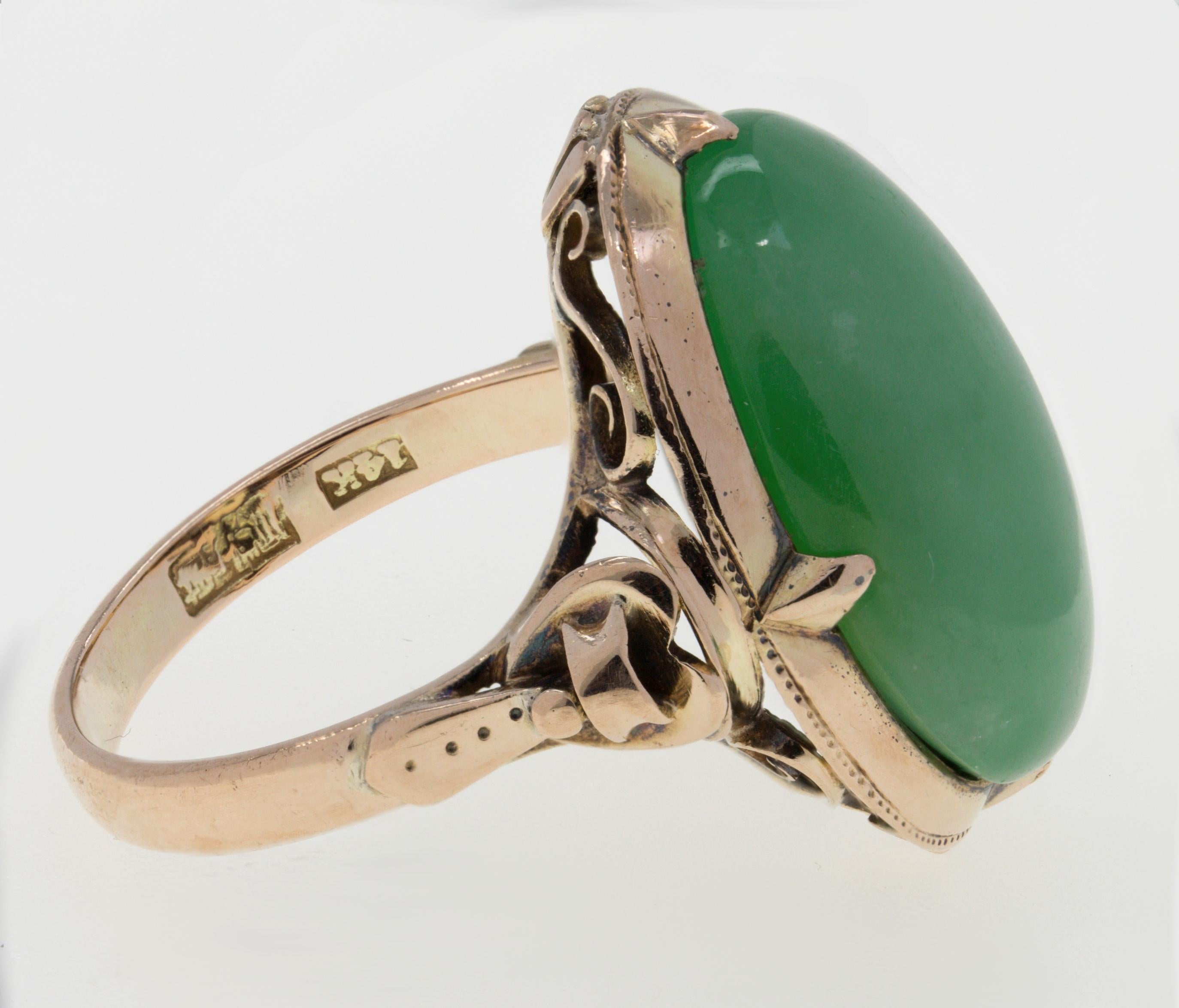 Victorian Mason Kay Certified Natural Green Jadeite Jade, 14K Rose Gold Ring In Good Condition For Sale In Pleasant Hill, CA