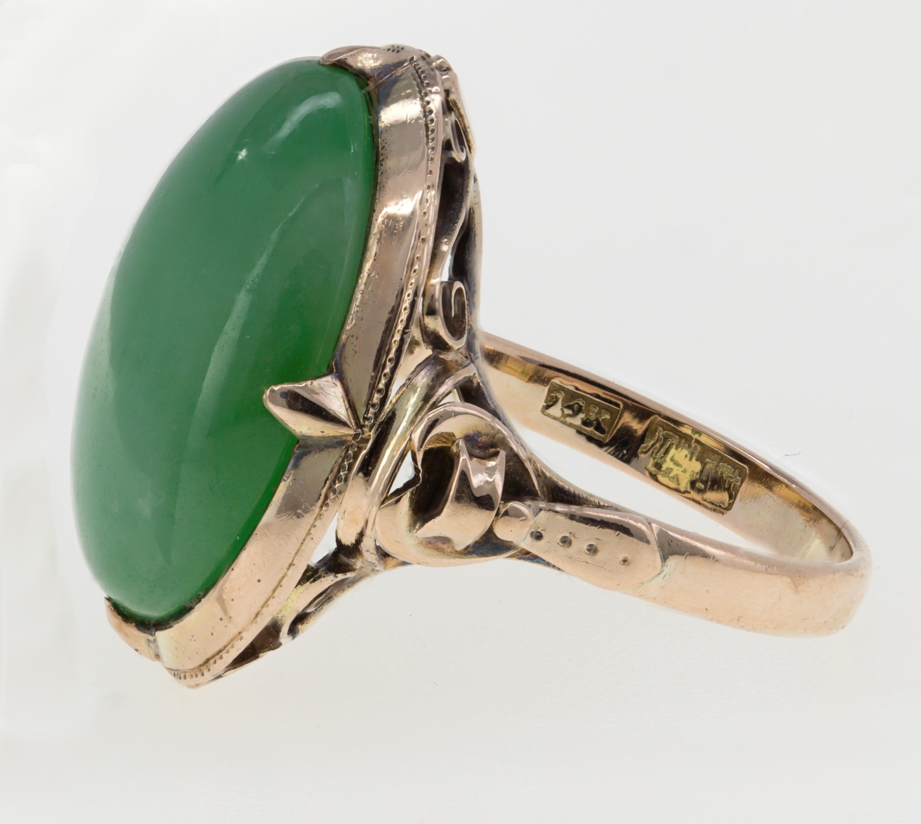 Women's or Men's Victorian Mason Kay Certified Natural Green Jadeite Jade, 14K Rose Gold Ring For Sale