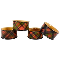 Used Victorian Mauchline Ware Sycamore Wood Scottish Tartan Napkin Rings, Set of Four