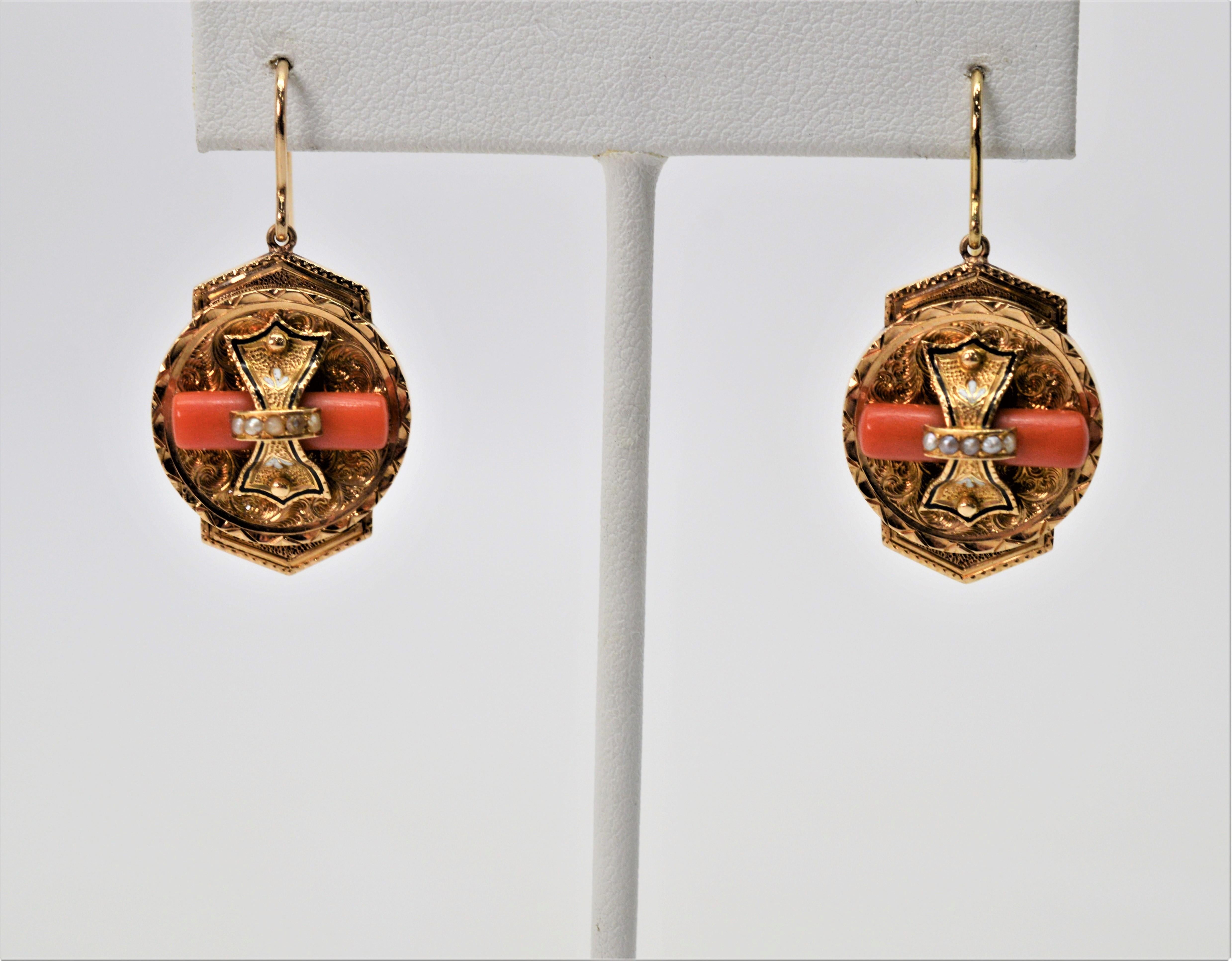 Uncut Victorian Medallion 14 Karat Yellow Gold Earrings with Coral and Pearl Accents For Sale
