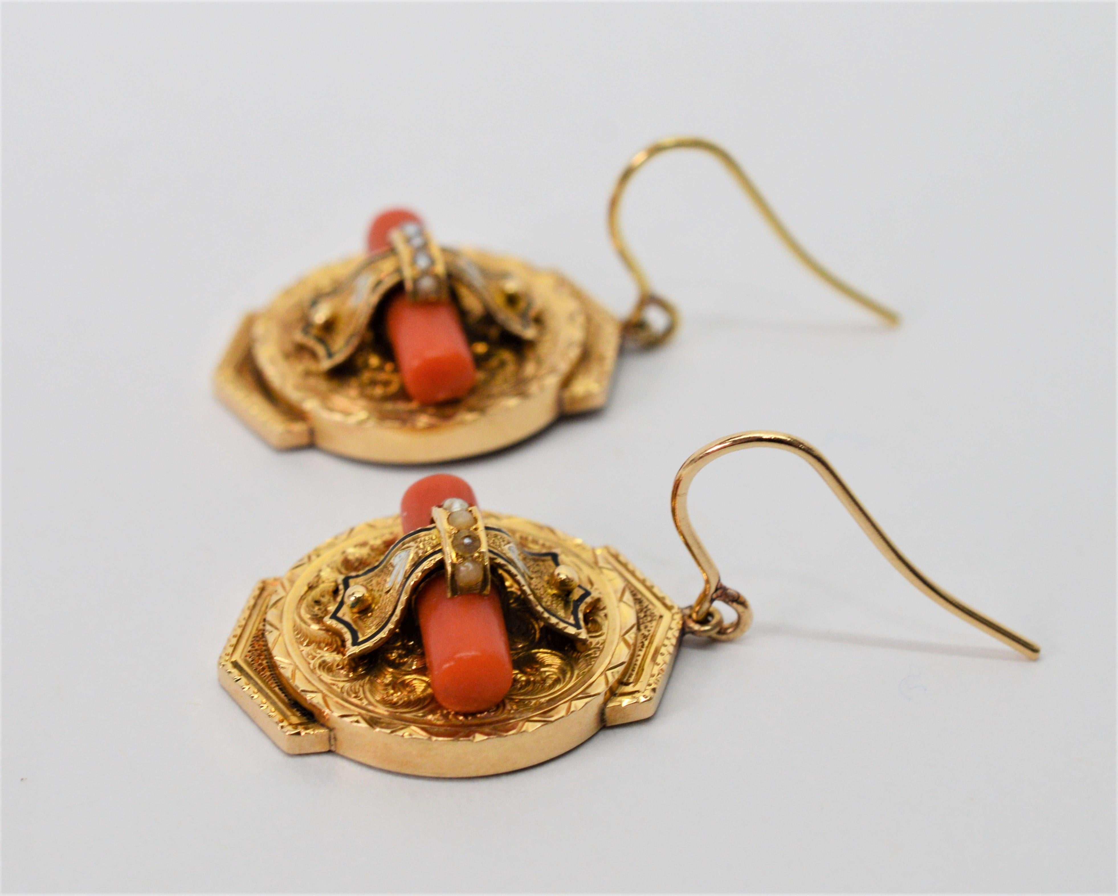 Victorian Medallion 14 Karat Yellow Gold Earrings with Coral and Pearl Accents In Good Condition For Sale In Mount Kisco, NY