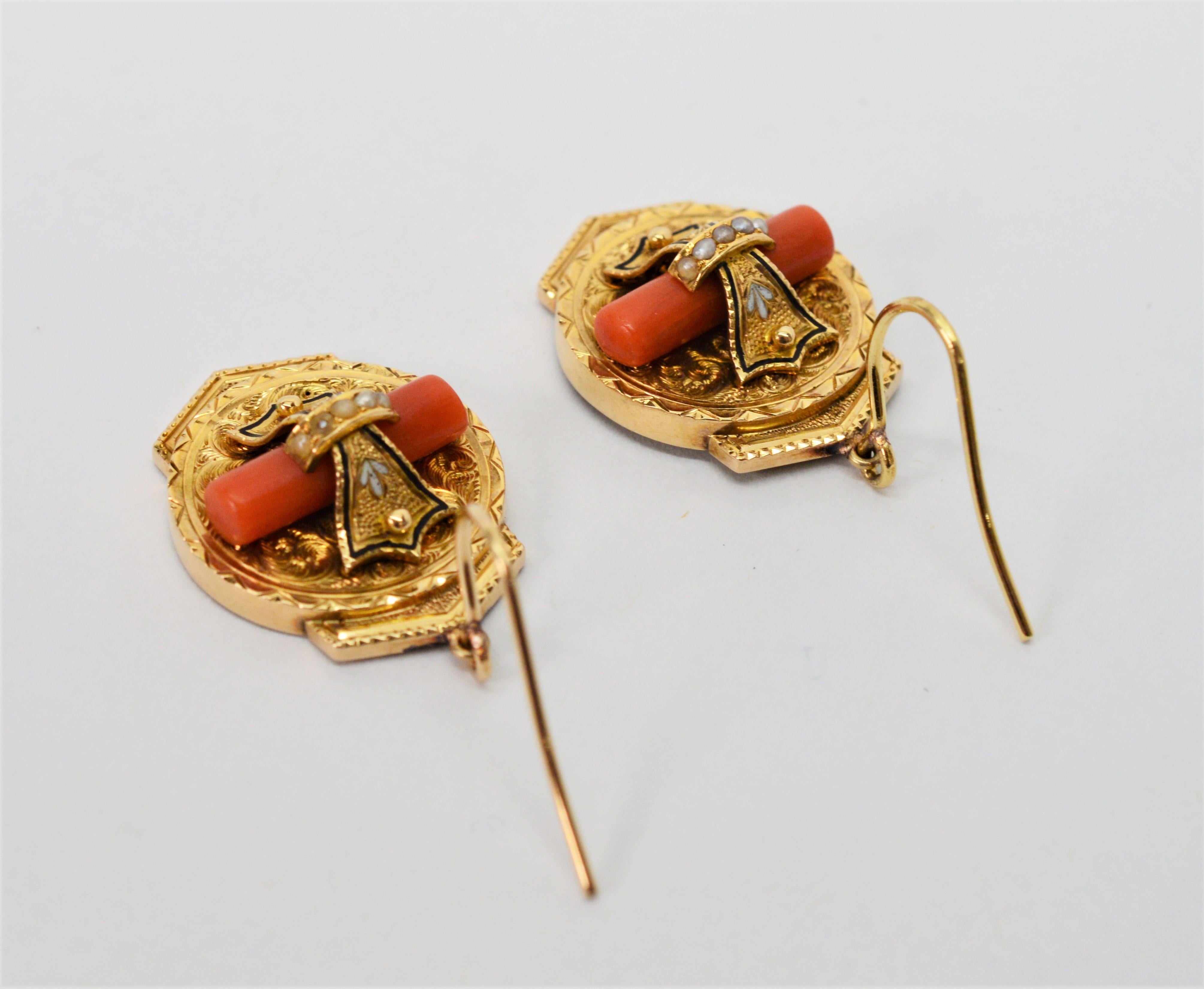Women's Victorian Medallion 14 Karat Yellow Gold Earrings with Coral and Pearl Accents For Sale