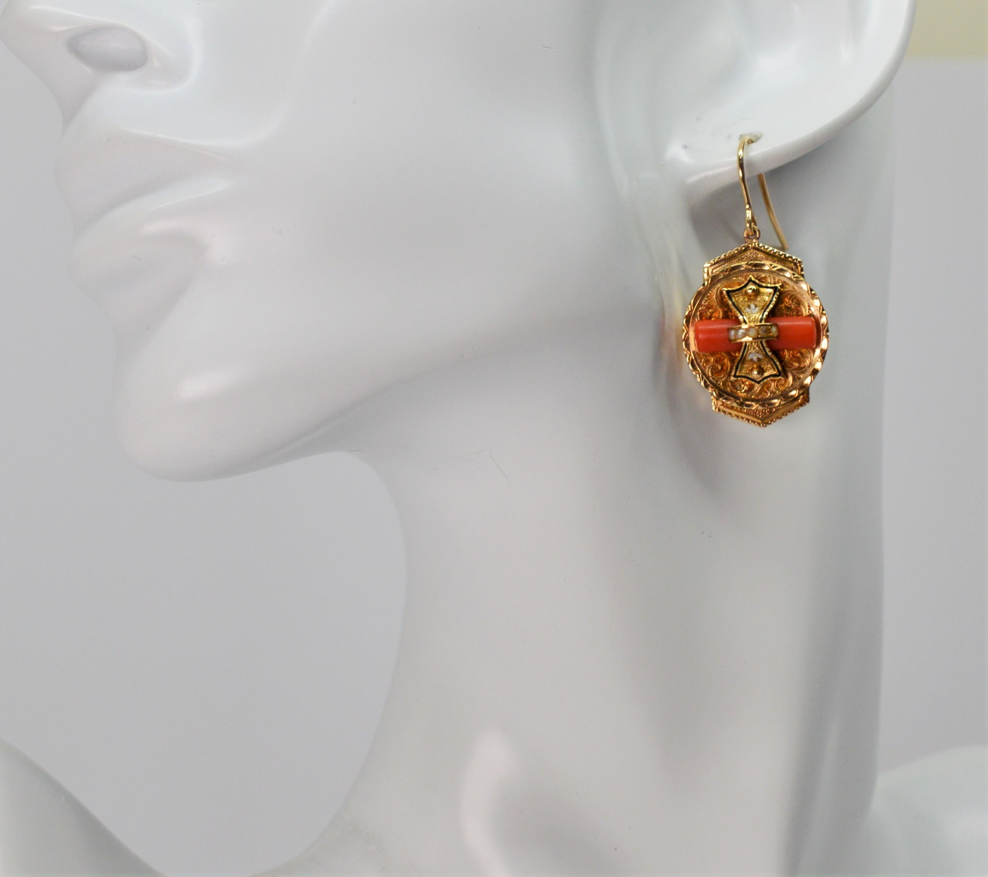 Victorian Medallion 14 Karat Yellow Gold Earrings with Coral and Pearl Accents For Sale 2