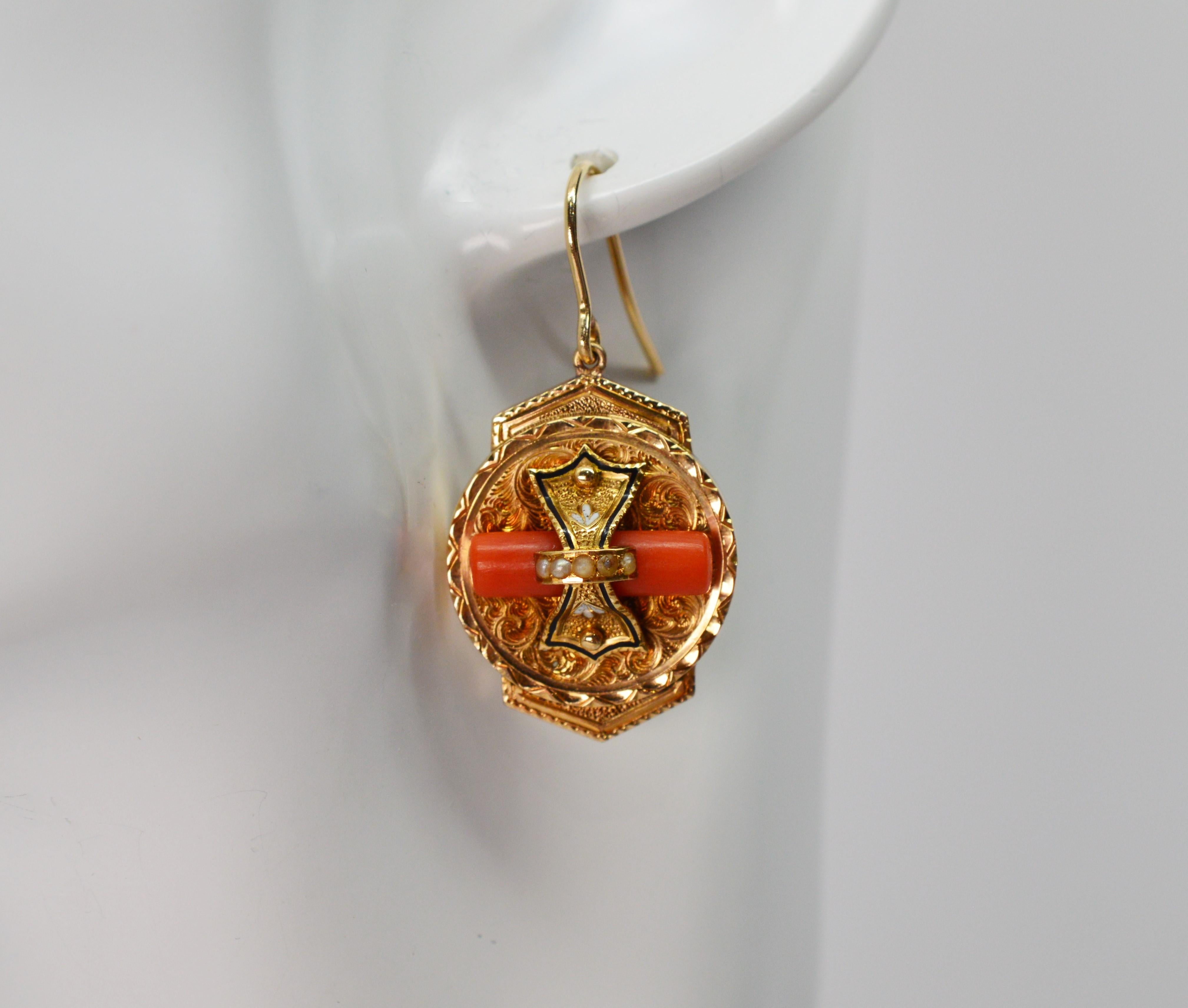 Victorian Medallion 14 Karat Yellow Gold Earrings with Coral and Pearl Accents For Sale 3