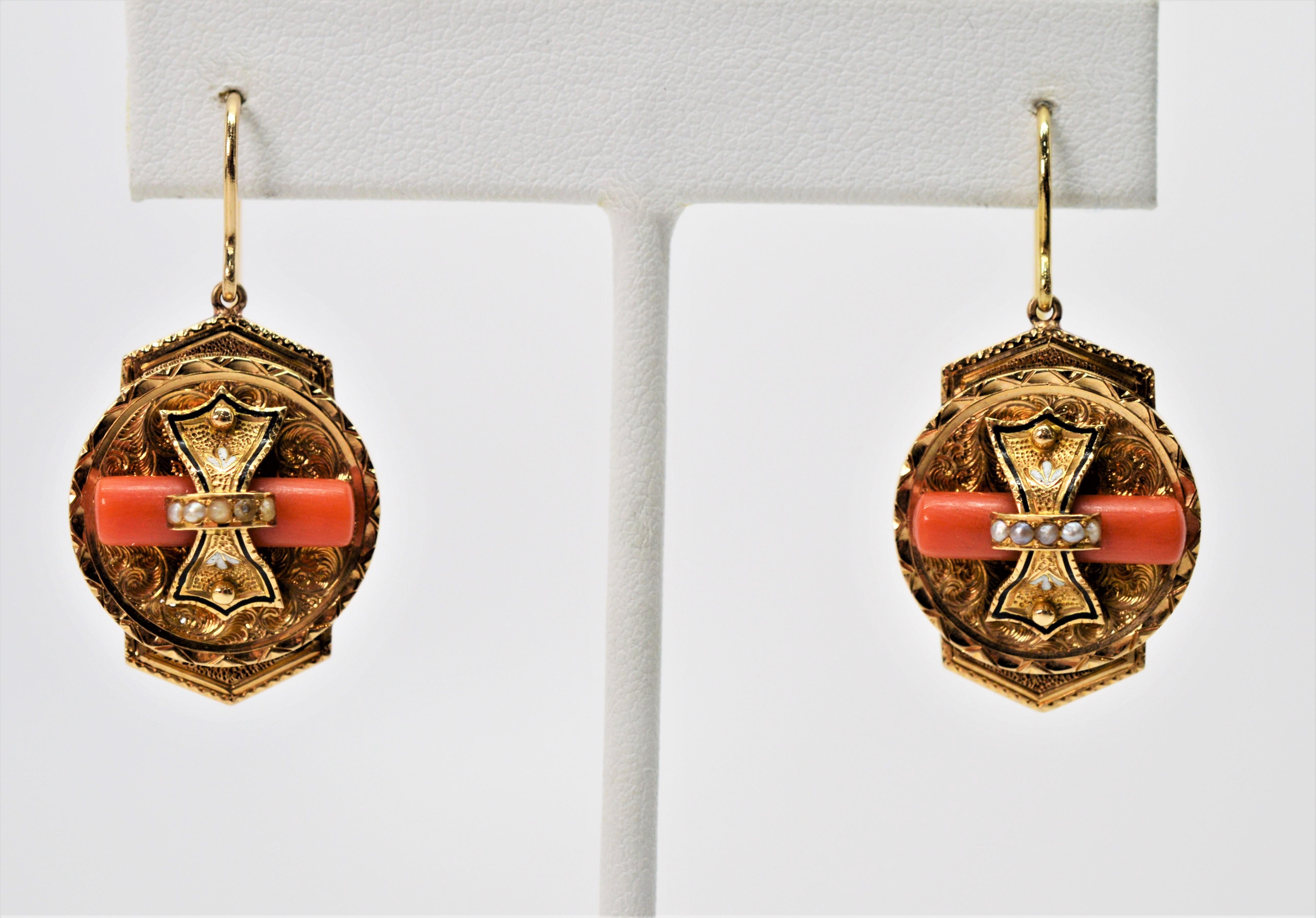 Victorian Medallion 14 Karat Yellow Gold Earrings with Coral and Pearl Accents For Sale 4