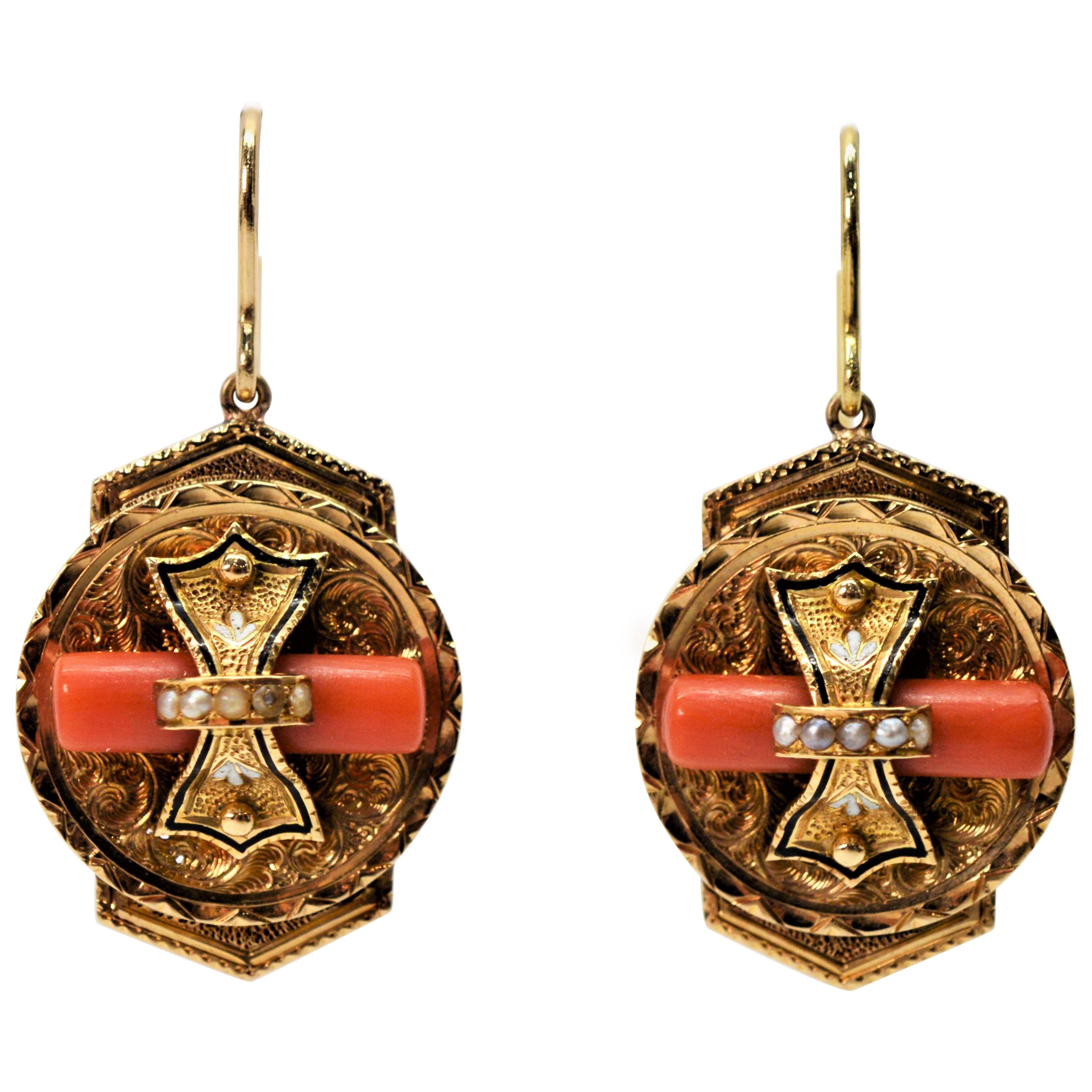 Victorian Medallion 14 Karat Yellow Gold Earrings with Coral and Pearl Accents For Sale