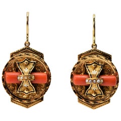 Victorian Medallion 14 Karat Yellow Gold Earrings with Coral and Pearl Accents