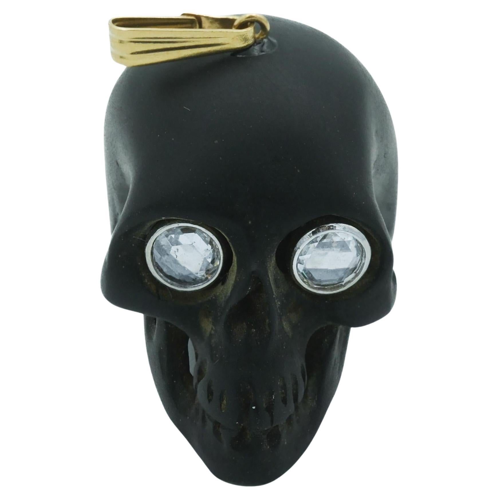 Victorian Memento Mori Jet or Charcoal Skull with Rose Cut Diamond Eyes For Sale
