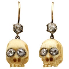 Victorian Memento Mori Skull Earrings .90 Carat Diamond and Bone