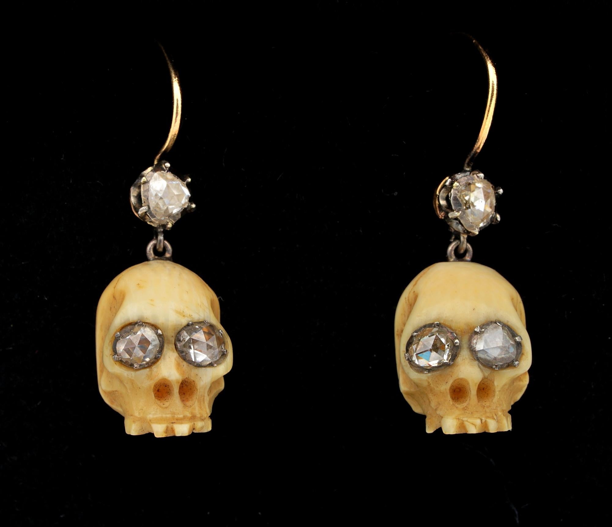 In remembrance of Death

Victorian Period, sensational pair of Memento Mori Skull earrings 'Remember You Must Die' jewellery that celebrates life
These beautiful dangling pair are made of organic material, skilfully hand carved in realistic Skull