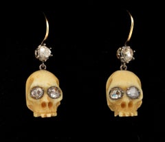 Victorian Memento Mori Skull Earrings .90 Carat Diamond and Bone