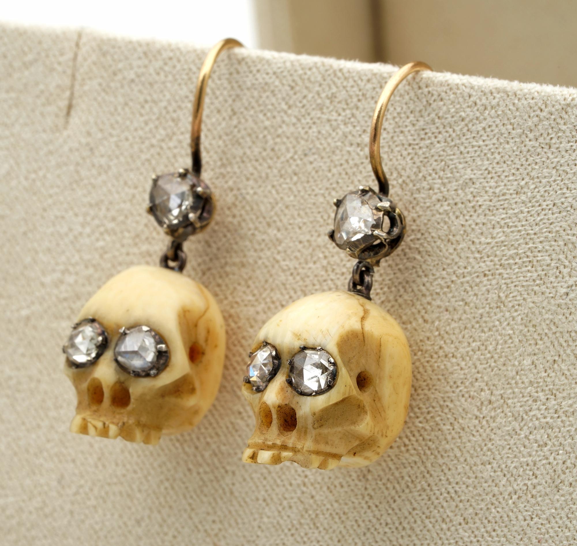 Early Victorian Victorian Memento Mori Skull Earrings .90 Carat Diamond and Bone