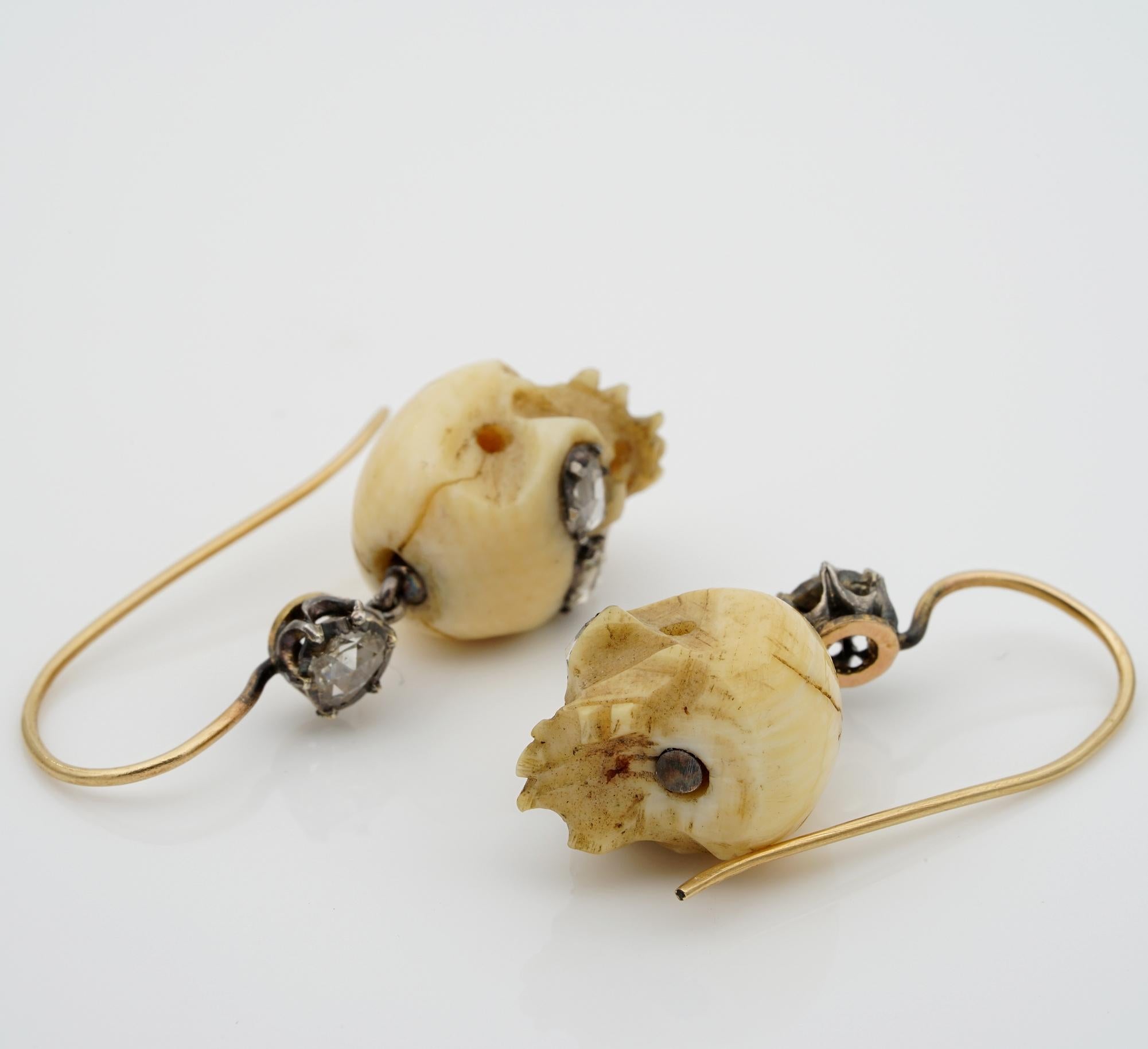 Women's or Men's Victorian Memento Mori Skull Earrings .90 Carat Diamond and Bone