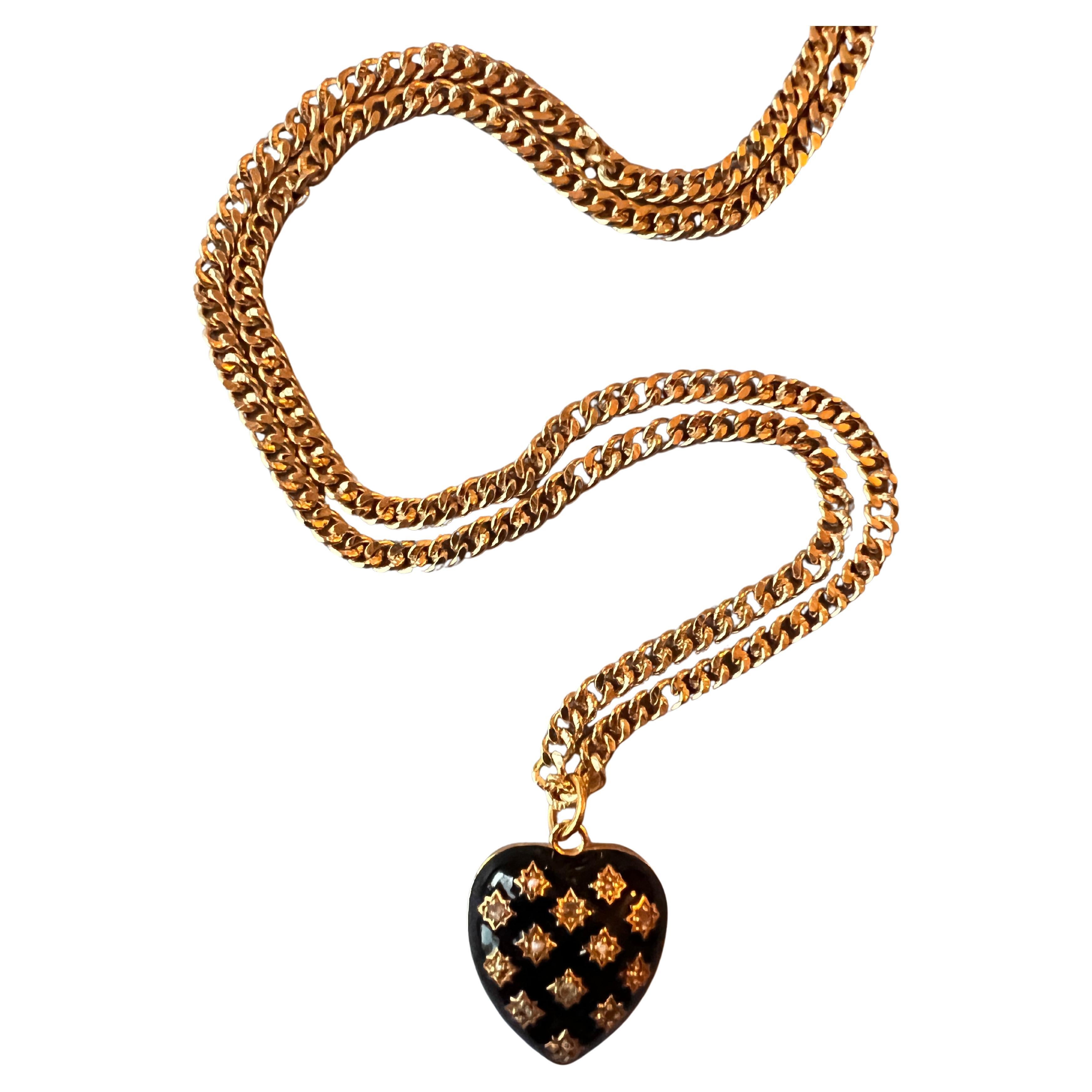 Victorian Memento Mori Style White Diamond Heart Necklace Black Enamel