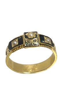 Victorian Memorial Memento Gold Enamel Hair and Gem Set Ring