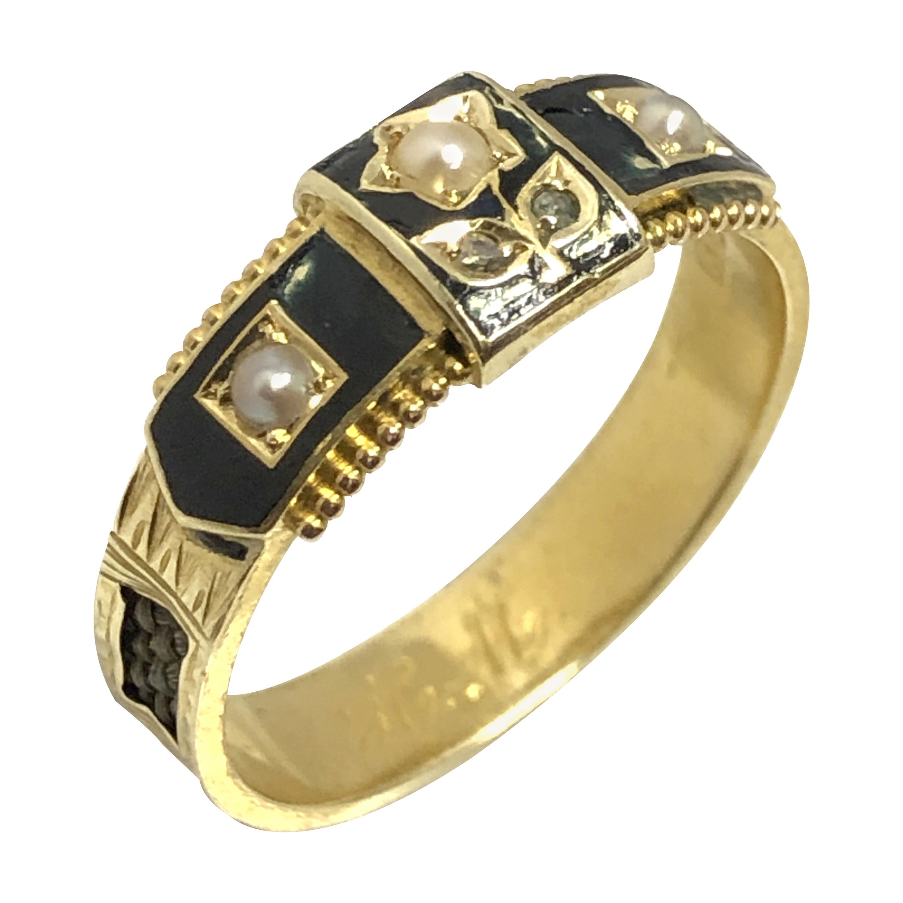 Victorian Memorial Memento Gold Enamel Hair and Gem Set Ring For Sale