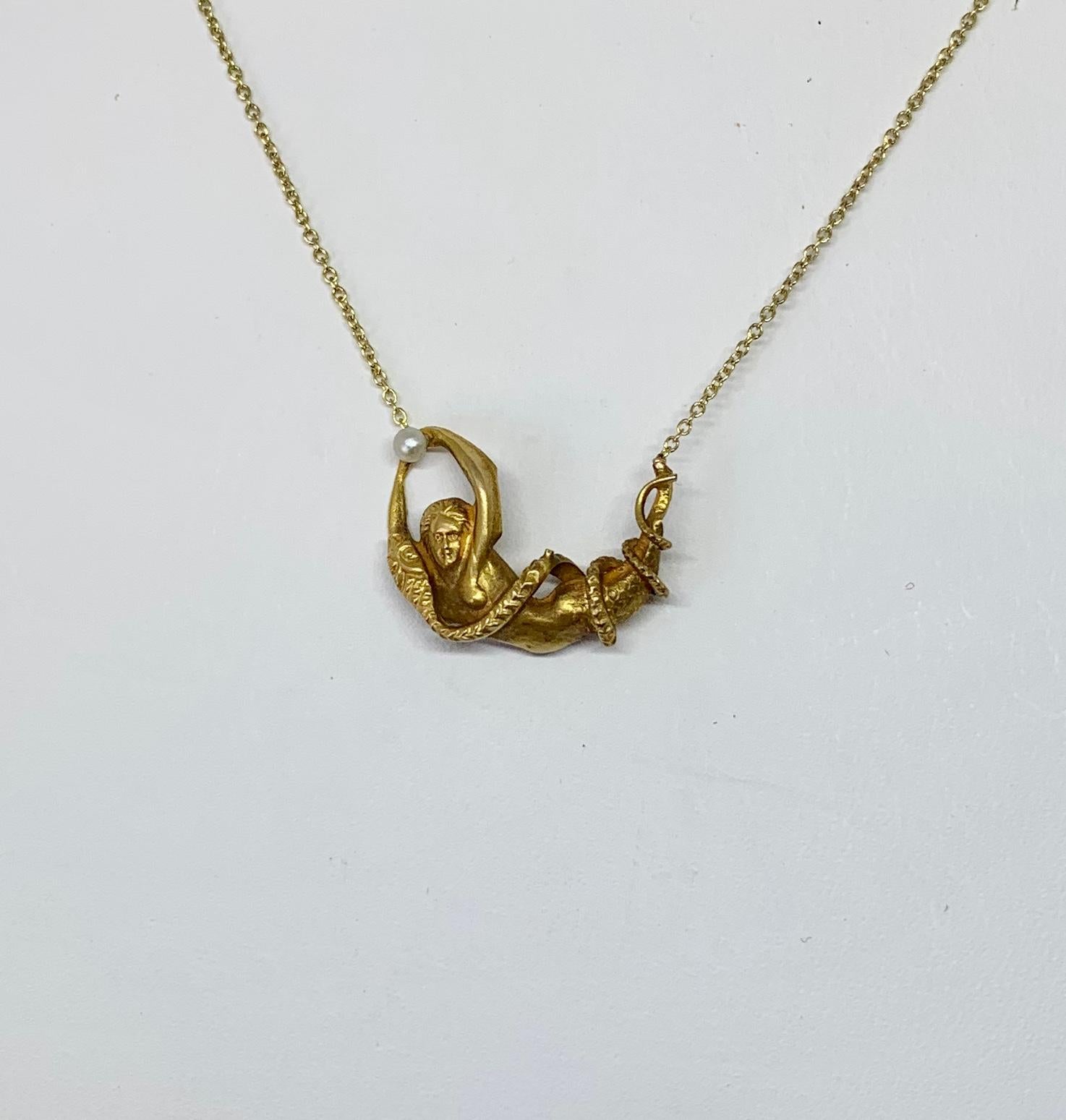 Bead Victorian Mermaid and Snake Pendant Necklace Pearl Antique 14 Karat Gold Rare For Sale