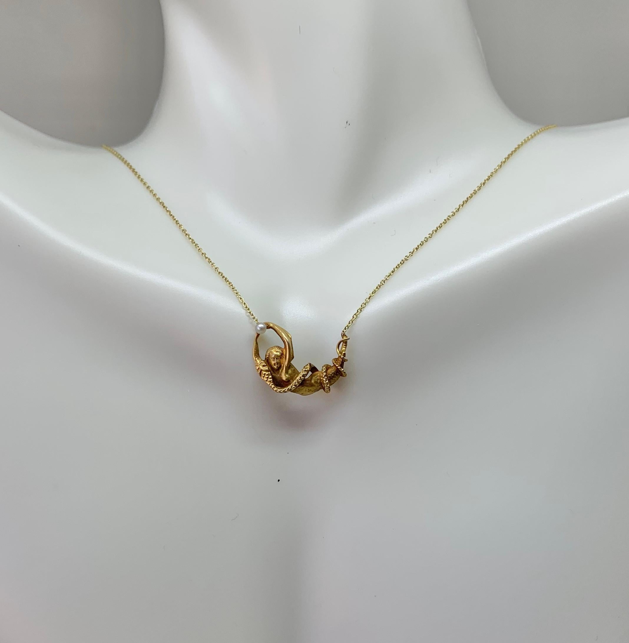 Victorian Mermaid and Snake Pendant Necklace Pearl Antique 14 Karat Gold Rare In Excellent Condition For Sale In New York, NY