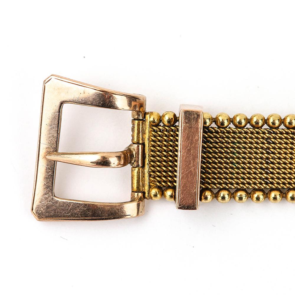 English Victorian 9 Karat Yellow Gold Mesh Belt Buckle Bracelet, circa 1880 1